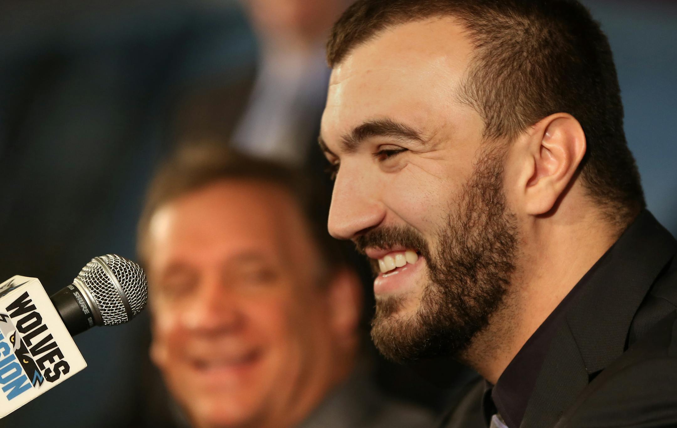 (left to right) Wolves President of Basketball Operations Flip Saunders and Nikola Pekovic were all smiles at a press conference where it was announced the restricted free-agent was re-signed to a long term deal with the team on 8/16/13.] Bruce Bisping/Star Tribune bbisping@startribune.com bbisping@startribune.com Flip Saunders, Nikola Pekovic/source.