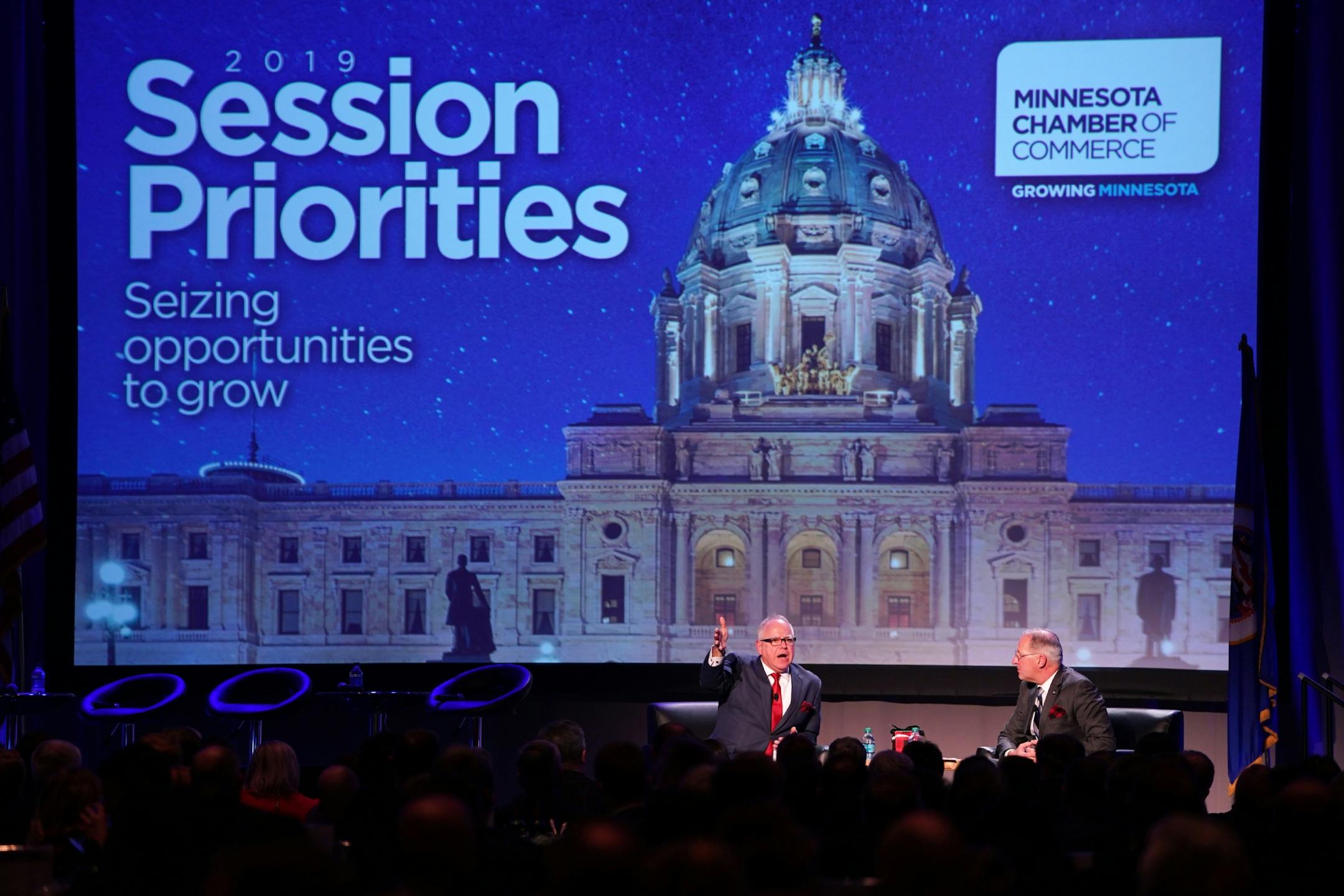 Gov. Tim Walz spoke as he was interviewed by Minnesota Chamber President Doug Loon during the Minnesota Chamber of Commerce's annual policy kickoff event Wednesday.