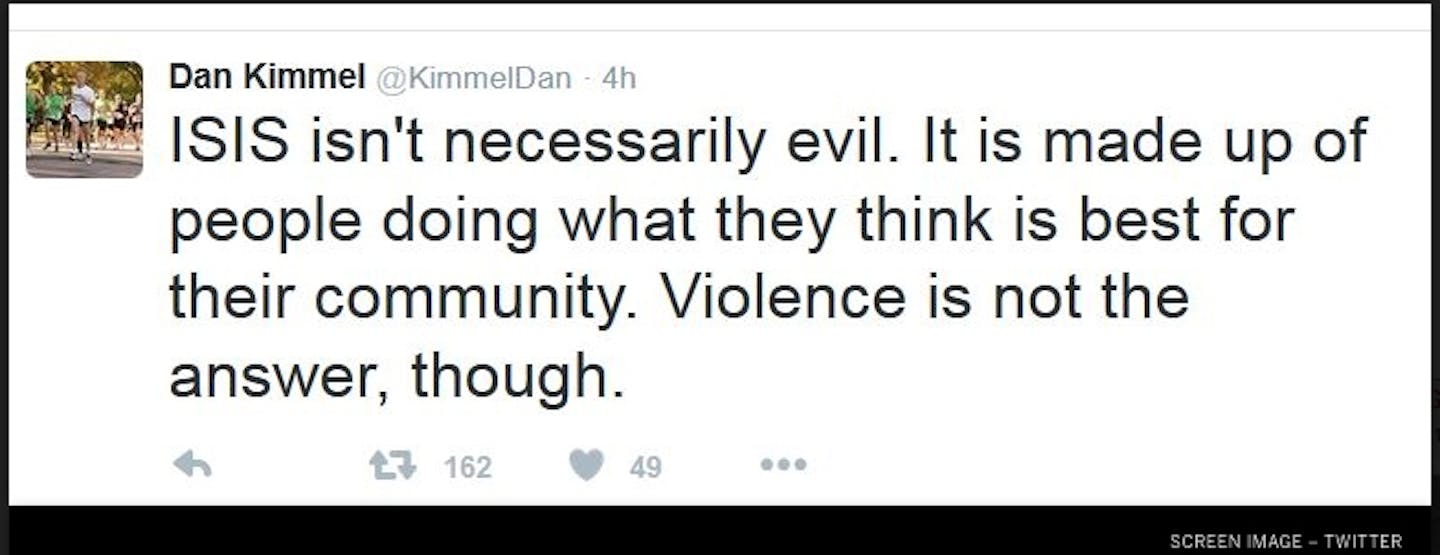 Dan Kimmel, a Burnsville DFLer whose campaign for the state House abruptly ended Sunday morning within hours of him posting on social media that ISIS &#xec;isn&#xed;t necessarily evil&#xee; and is &#xec;made up of people doing what they think is best for their community.&#xee; ] image is screen grab from TWITTER.