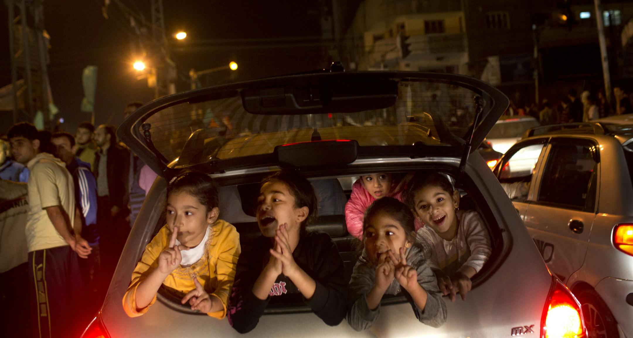 Palestinians on Wednesday celebrated the cease-fire, which took effect at 9 p.m. local time, in Gaza City.