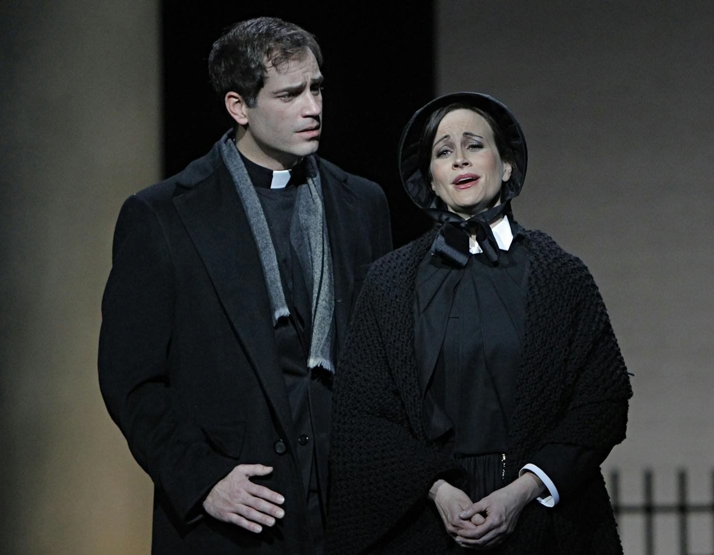 Matthew Worth as Father Brendan Flynn,&#xc2;&#xa0;a parish priest and Adriana Zabala as Sister James,&#xc2;&#xa0;a teacher and a nun in Minnesota Opera's Doubt music by Douglas J. Cuomo &#xc2;&#xa0; libretto by John Patrick Shanley after his play &#xc2;&#xa9; 2005 and film &#xc2;&#xa9; 2008 world premiere a New Works Initiative Production January 26, 29, 31, February 2, and 3, 2013 Ordway, Saint Paul sung in English with English captions CREATIVE TEAM: conductor - Christopher Franklin stage dire