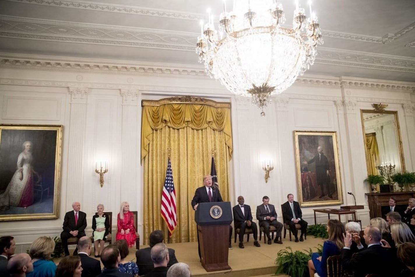 President Donald Trump speaks during a Medal of Freedom ceremony in the East Room of the White House in Washington, Friday, Nov. 16, 2018.