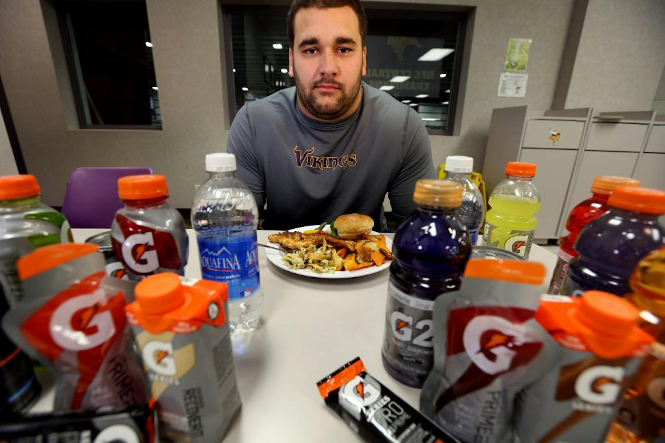 Minnesota Vikings offensive lineman Matt Kalil posed for a picture with some of the foods, and supplements he uses to keep his weight at around 300 pounds.Eden Prairie , MN.