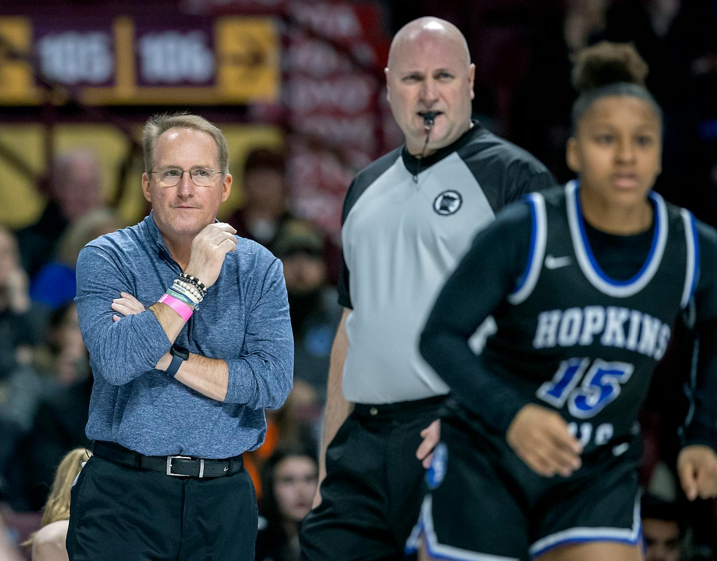 Hopkins' Head Coach Brian Cosgriff on the court as the team took on Cambridge-Isanti in the Class 4A girls' basketball quarterfinals at Williams Arena, Wednesday, March 11, 2020 in Minneapolis, MN. ] ELIZABETH FLORES • liz.flores@startribune.com