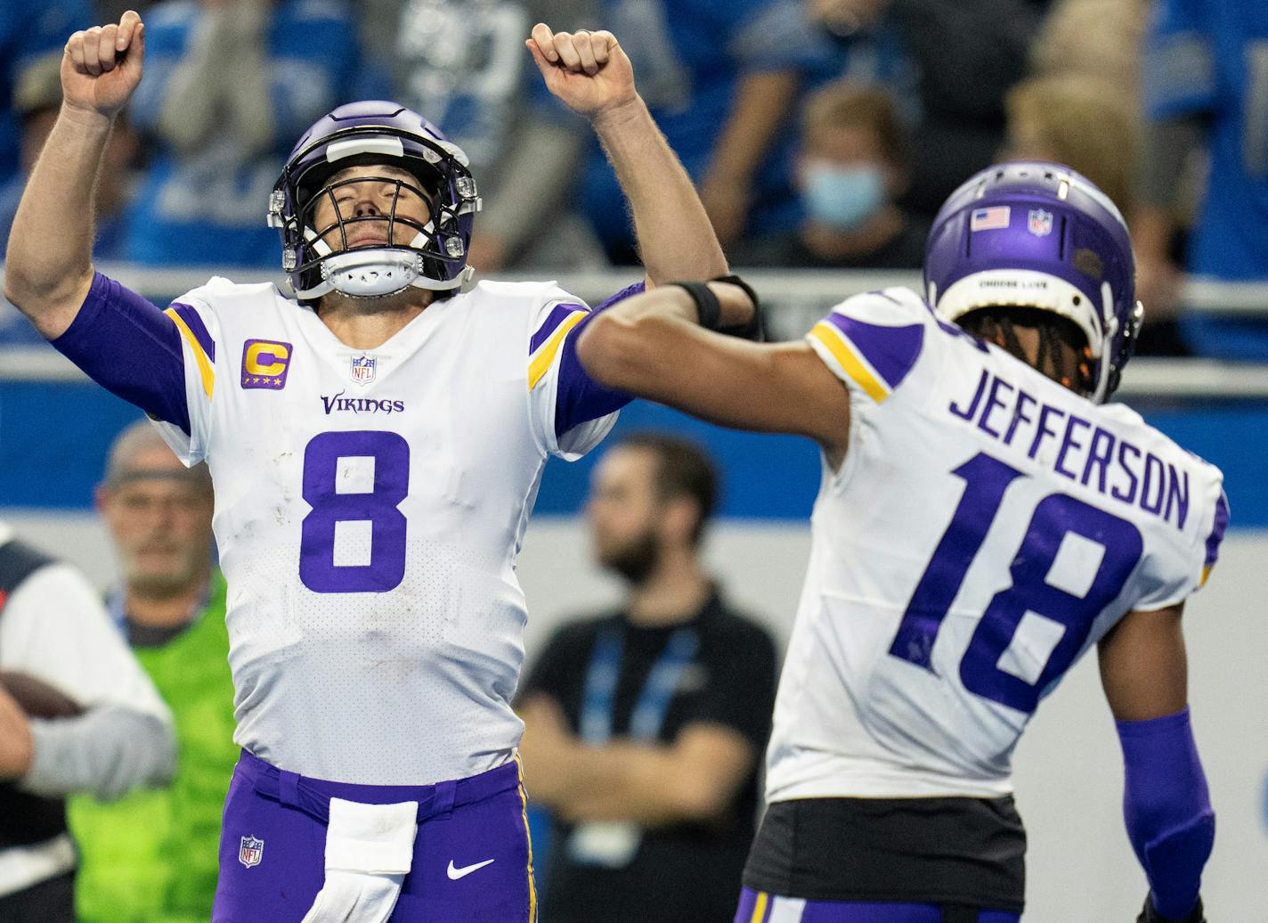 Minnesota Vikings quarterback Kirk Cousins (8) left and receiver Justin Jefferson (18) celebrated Minnesota Vikings Adam Thielen (19) third quarter touchdown In Detroit , Mich. Sunday December 11, 2022. ] JERRY HOLT • jerry.holt@startribune.com