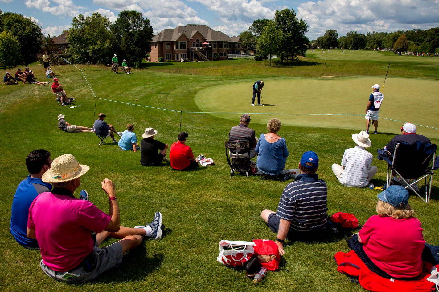 Spectators sat and watched Colin Montgomerie putt during the 3M Championship in 2017. A news conference will be held Monday at the TPC Twin Cities course, heightening speculation that the Blaine layout will be home to a new PGA tournament beginning in 2019. ] COURTNEY PEDROZA � courtney.pedroza@startribune.com; First day of 3M Golf Tournament in Blaine, on Friday, Aug. 4, 2017; First Round of Championship Play; TPC Twin Cities