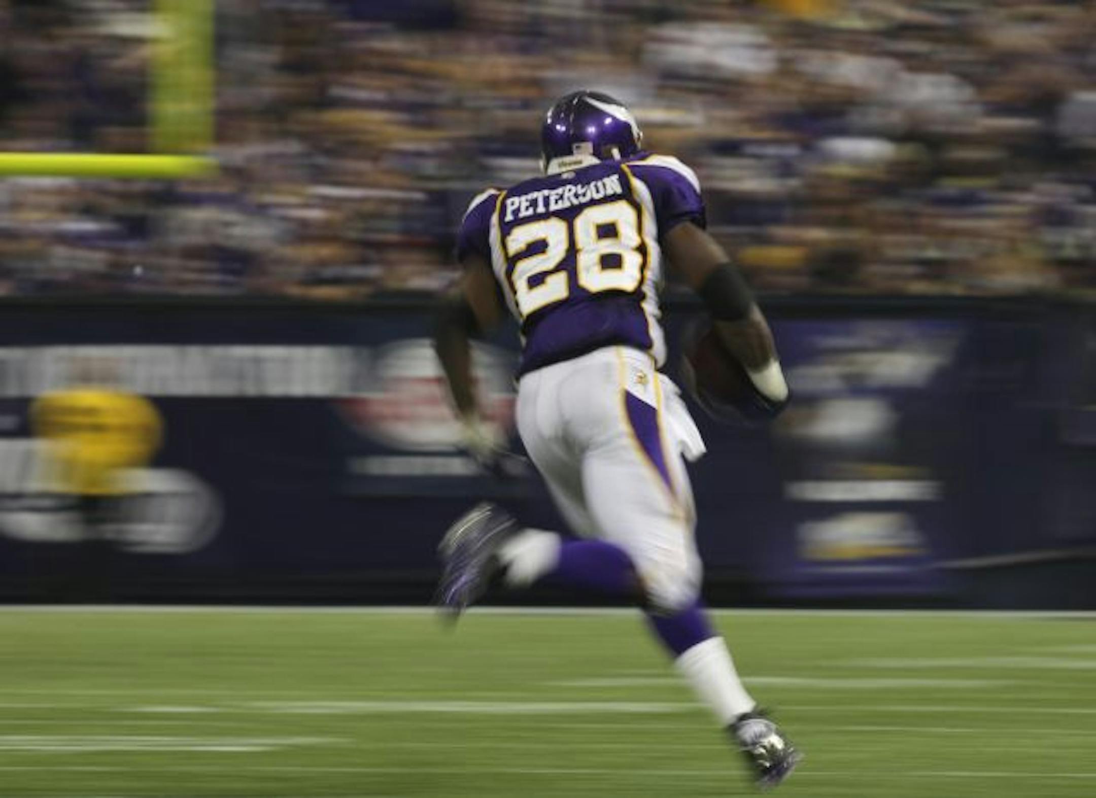 Vikings running back Adrian Peterson broke free for a career-longest 80-yard touchdown run from scrimmage in the third quarter against the Lions on Sunday afternoon.
