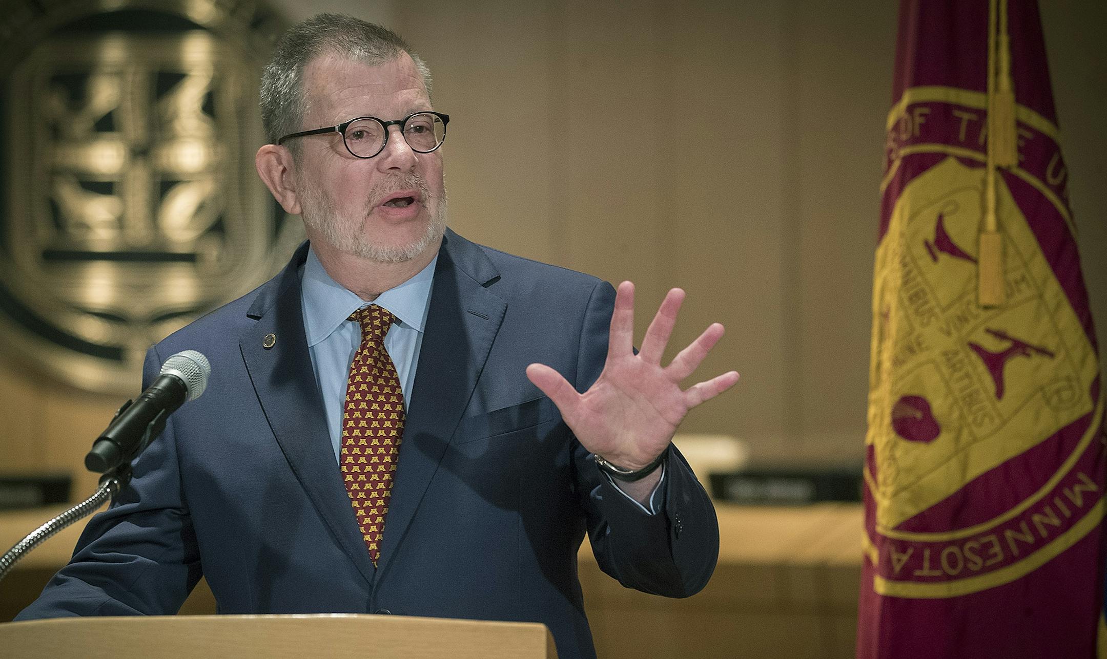 The University of Minnesota President Eric Kaler announced to the media that he is leaving effective July 2019, during a press conference in the MacNamara Alumni Center, Friday, July 13, 2018 in Minneapolis, MN.