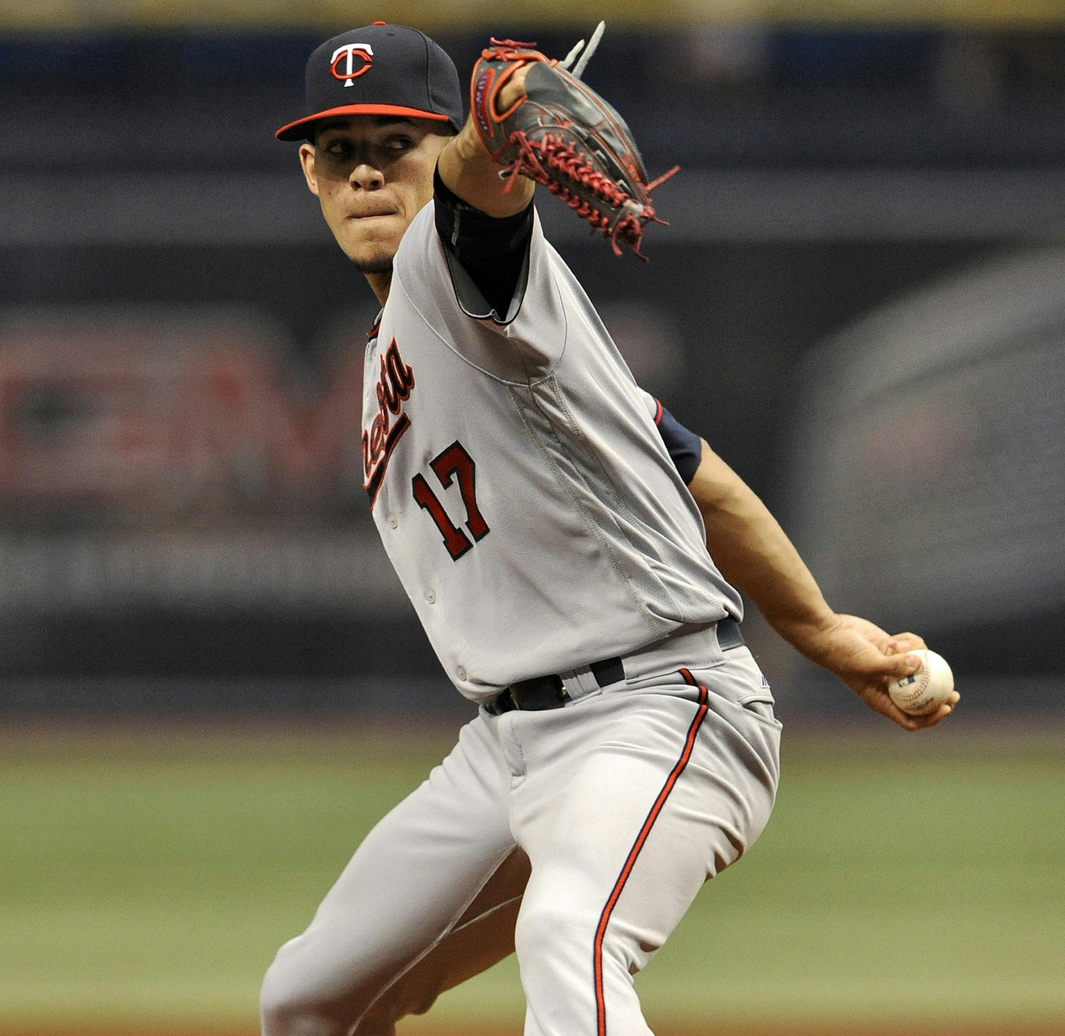 Minnesota Twins starter Jose Berrios pitches against the Tampa Bay Rays during the first inning of a baseball game Saturday, Aug. 6, 2016, in St. Petersburg, Fla. (AP Photo/Steve Nesius)