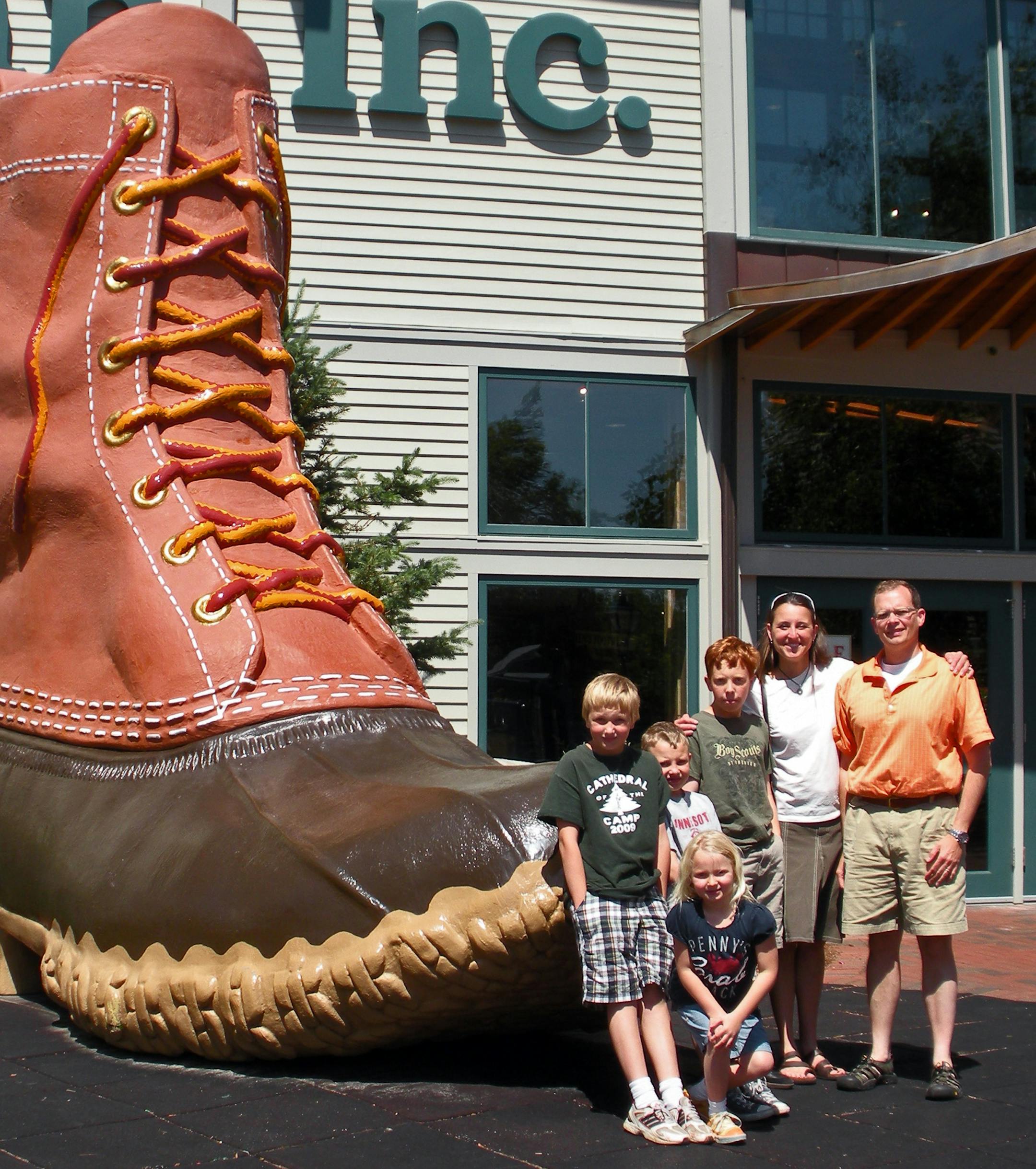 The Gustafson family, from left Wyatt, Trey, Keegan, Zach, Angela and Brain, by the L.L. Bean boot in Freeport, Maine.