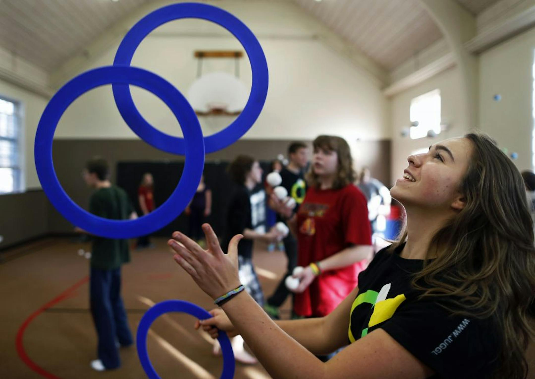 At Jugheads juggling club which meets at Wooddale Church in Edina, Sydney Paugh,16, who was juggling six rings likes them because "they are versatile in many different ways."