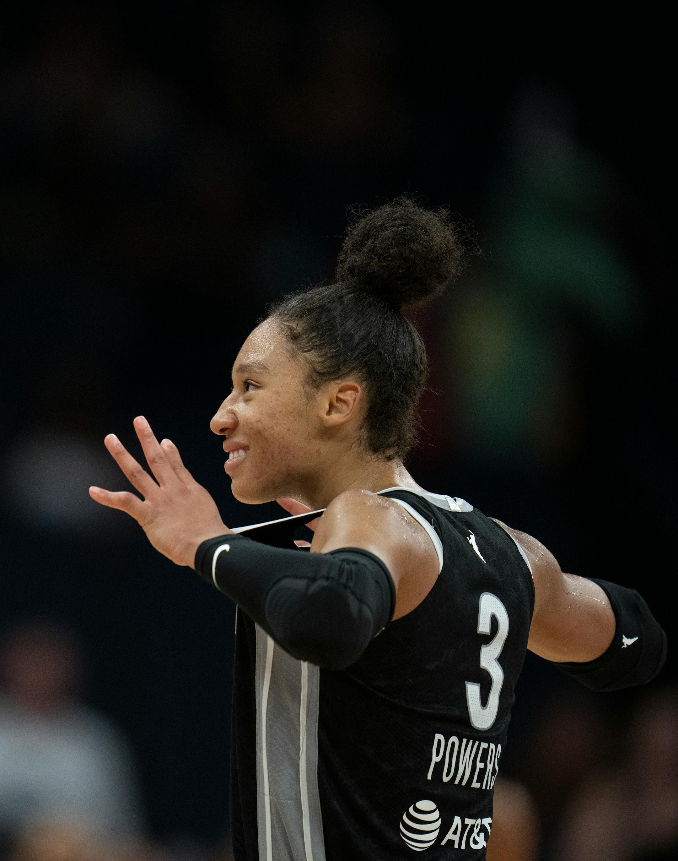 Minnesota Lynx forward Aerial Powers (3) celebrates a double overtime win.