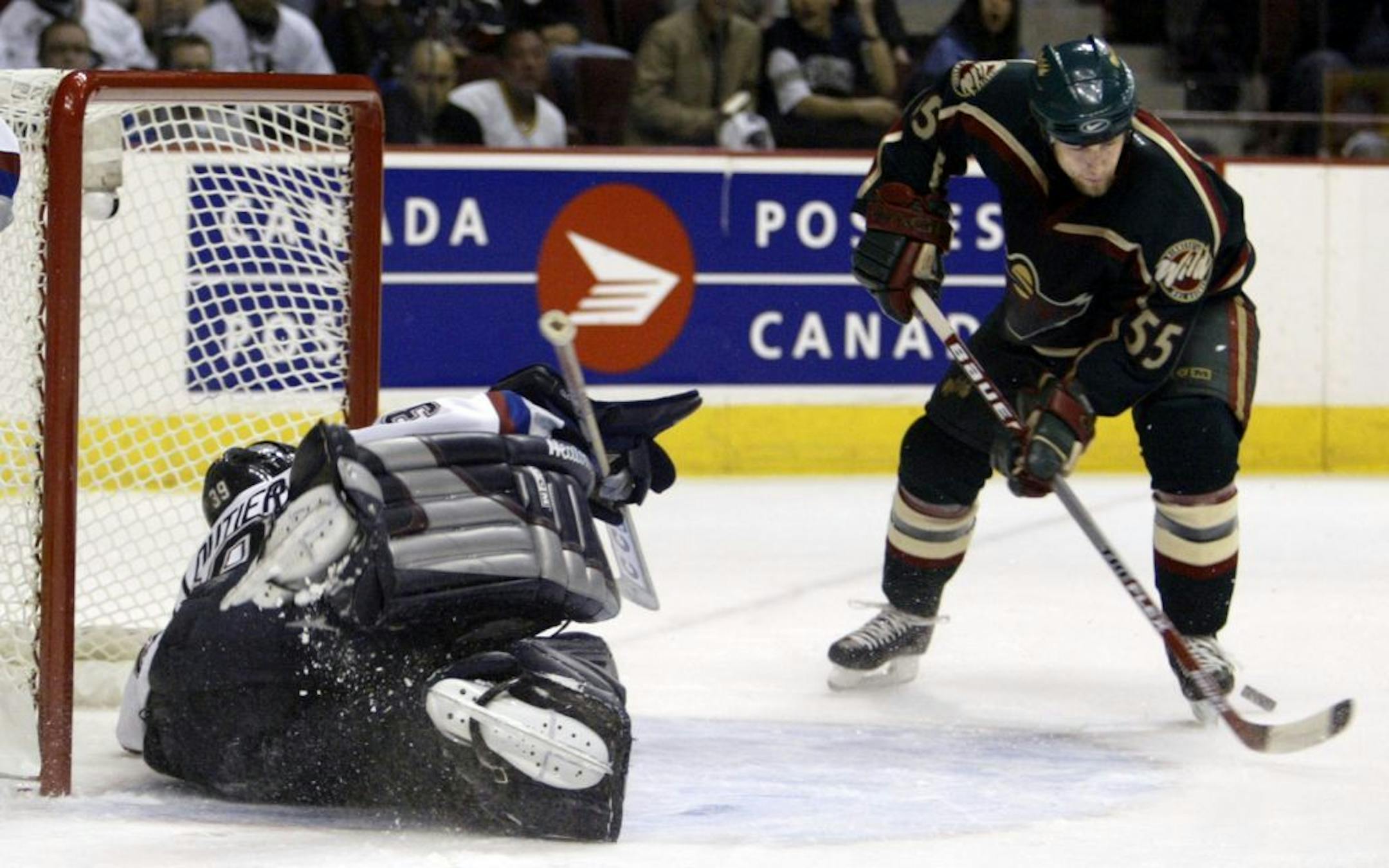 May 5, 2003- Vancouver, B.C.- Game 5 � NHL Stanley Cup Playoffs � General Motors Place -- Minnesota Wild vs. Vancouver Canucks � Minnesota�s Nick Schultz waits by the net for the puck in the 1st period.