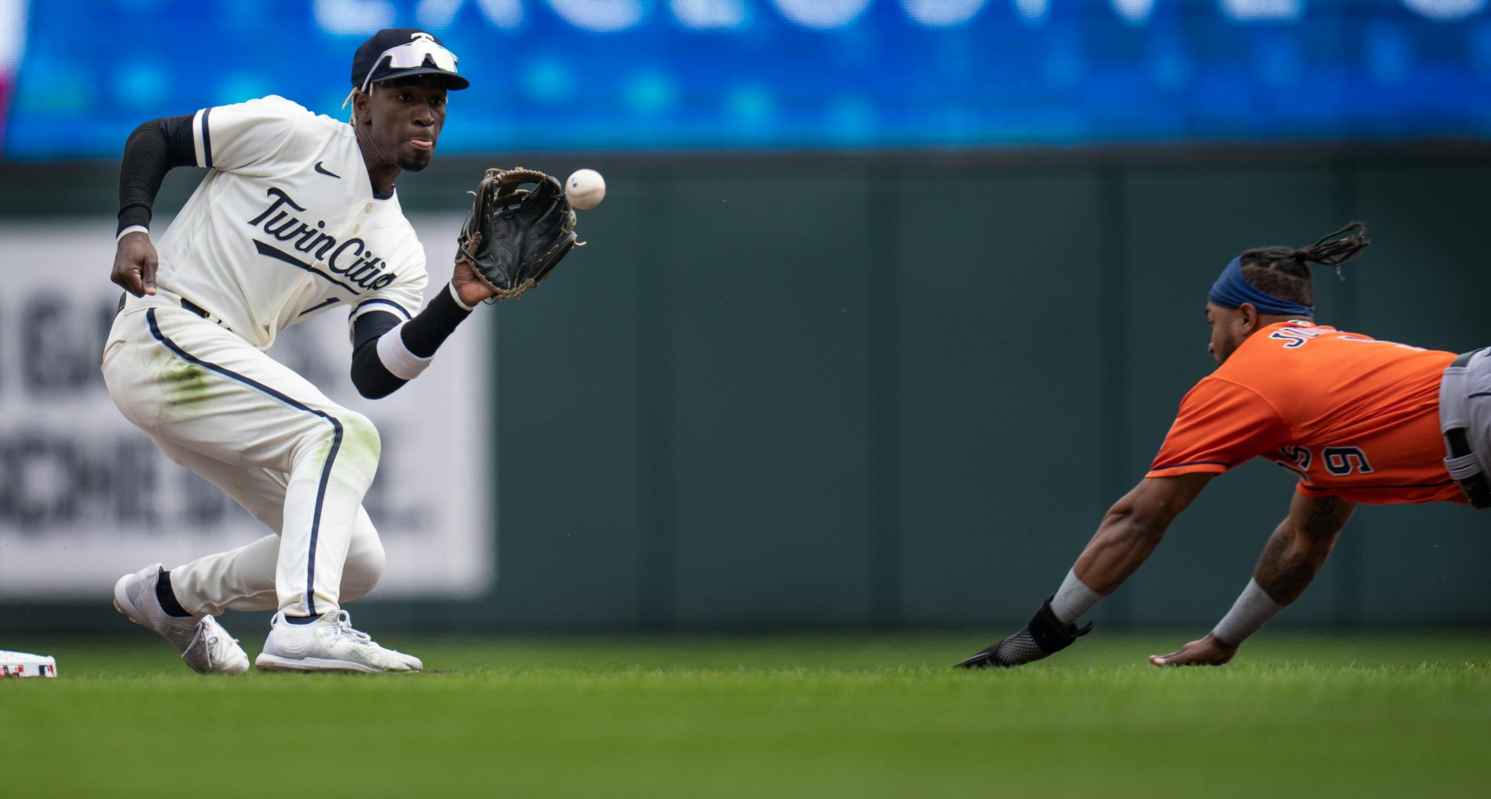 Houston Astros right fielder Corey Julks (9) was tagged out by Minnesota Twins second baseman Nick Gordon in the third inning Sunday April 9,2023 in Minneapolis, Minn.] JERRY HOLT • jerry.holt@startribune.come