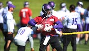 Minnesota Vikings quarterback Teddy Bridgewater worked on drills with trainer Tom Hunkele Wednesday May 31,2017 in Eden Prairie, MN.