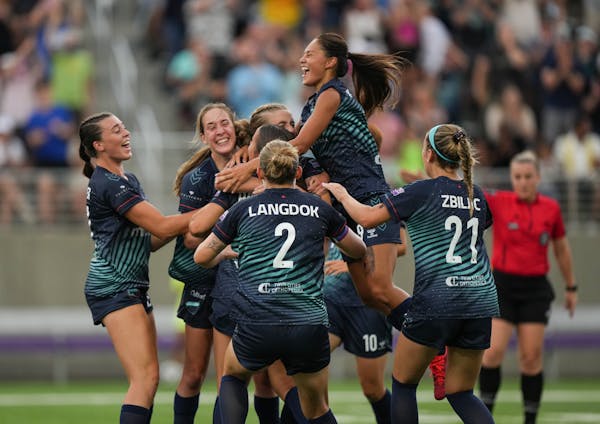 Minnesota Aurora FC teammates celebrated a goal by Addison Symonds in an eventual 2-1 overtime loss July 23 to Tormenta FC for the USL W League title.