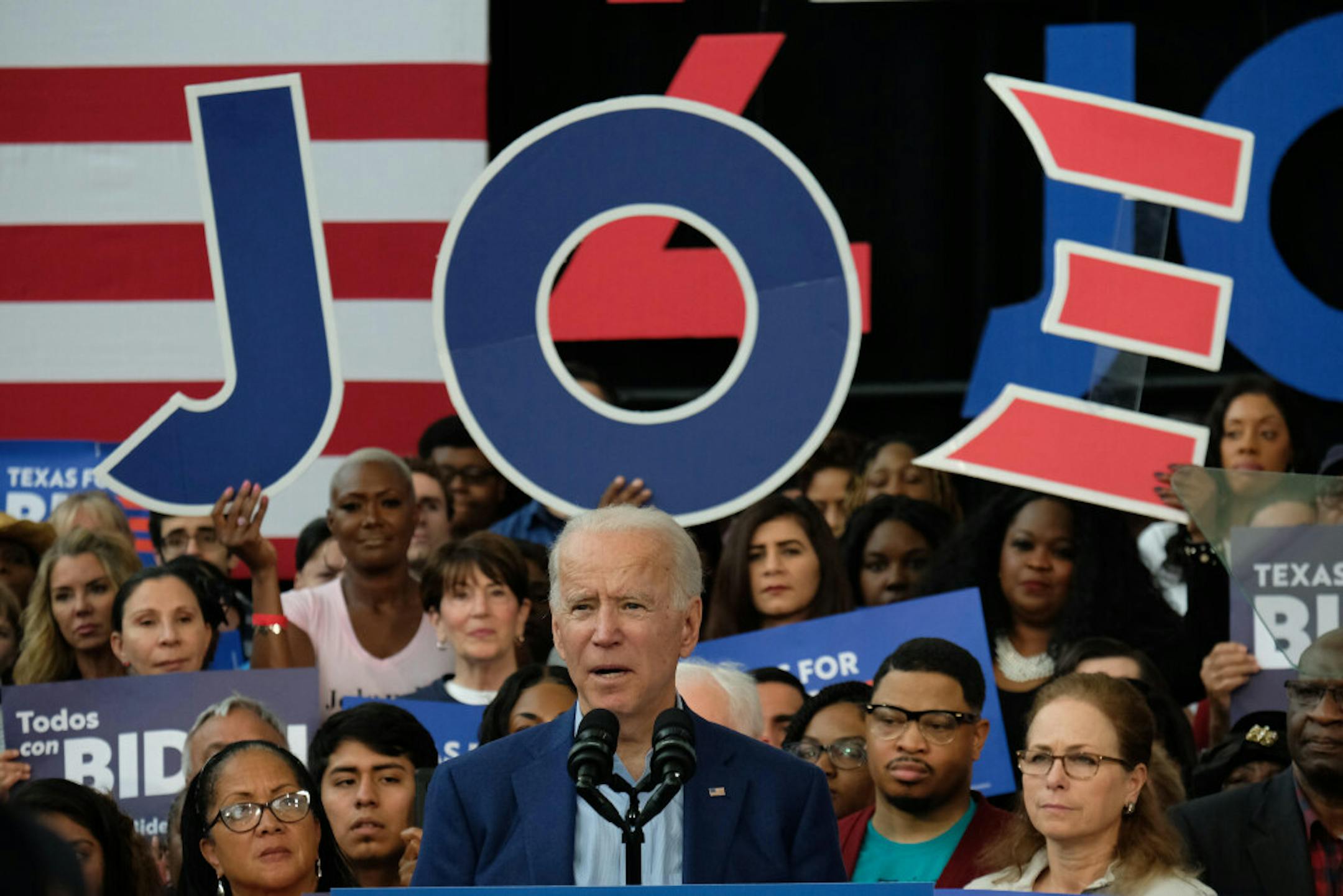 Democratic presidential candidate Joe Biden spoke at a Texas Southern University rally in Houston on March 2, 2020, during the primary campaign. After winning the Michigan primary on March 10, he decided that he and every staff member would work from home starting that weekend.