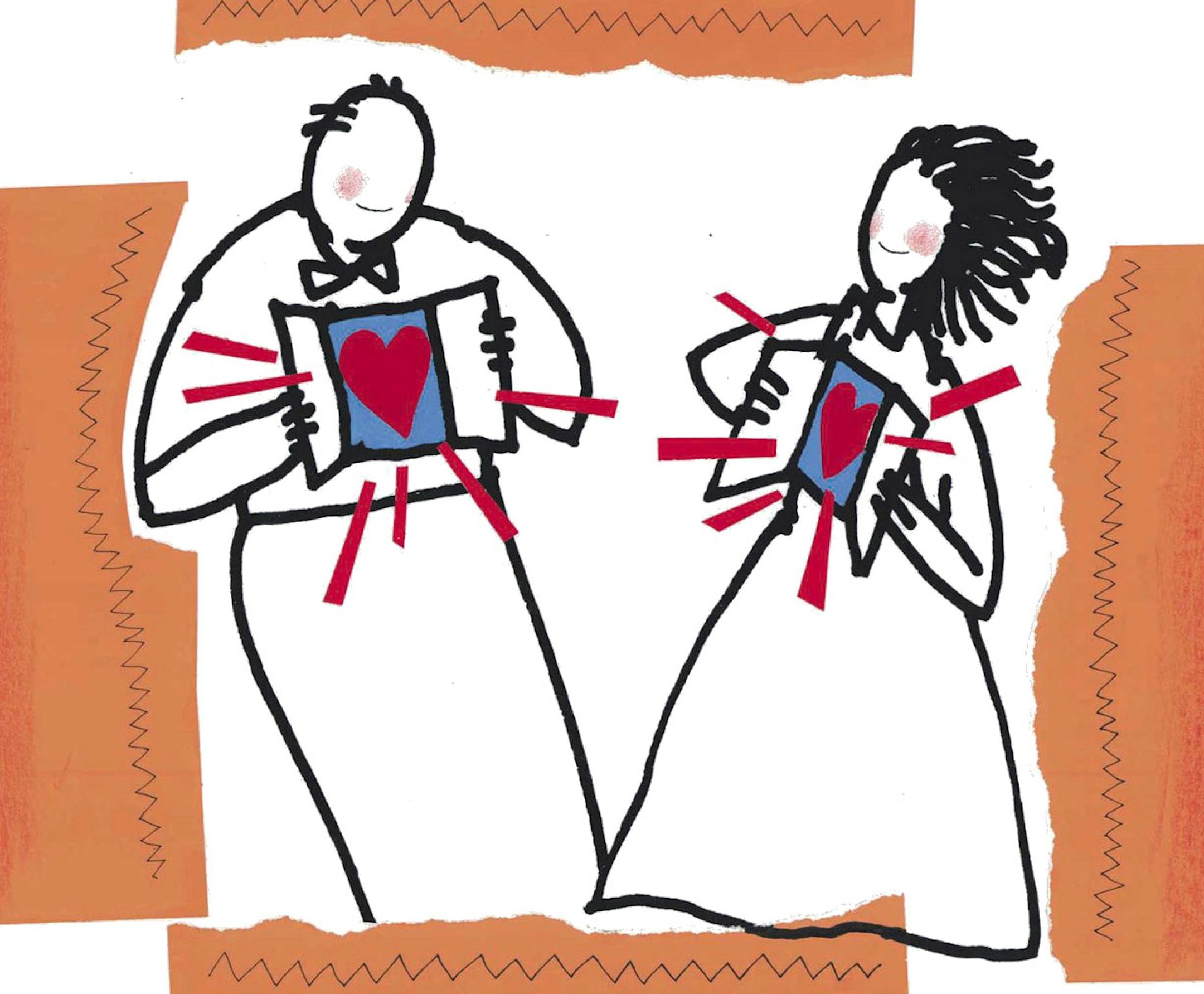 Color illustration of two people literally opening up; illustration shows them opening window in their chests to reveal their hearts. (Al Phillips/Charlotte Observer/MCT) CATEGORY: ILLUSTRATION SUBJECT: TALKS illus ARTIST: Al Phillips ORIGIN: Charlotte Observer TYPE: EPS JPEG SIZE: As needed ENTERED: 6/17/96 REVISED: STORY SLUG: TALKS, Knight-Ridder by Kathy Haight illustration, features, talk, communication, negotiation, romance, love, marriage, divorce, couple, holiday, Valentine&apos;s, Day,