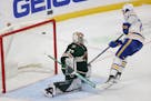 Buffalo Sabres right wing Tage Thompson shoots the puck in the net against Wild goaltender Cam Talbot on Dec. 16