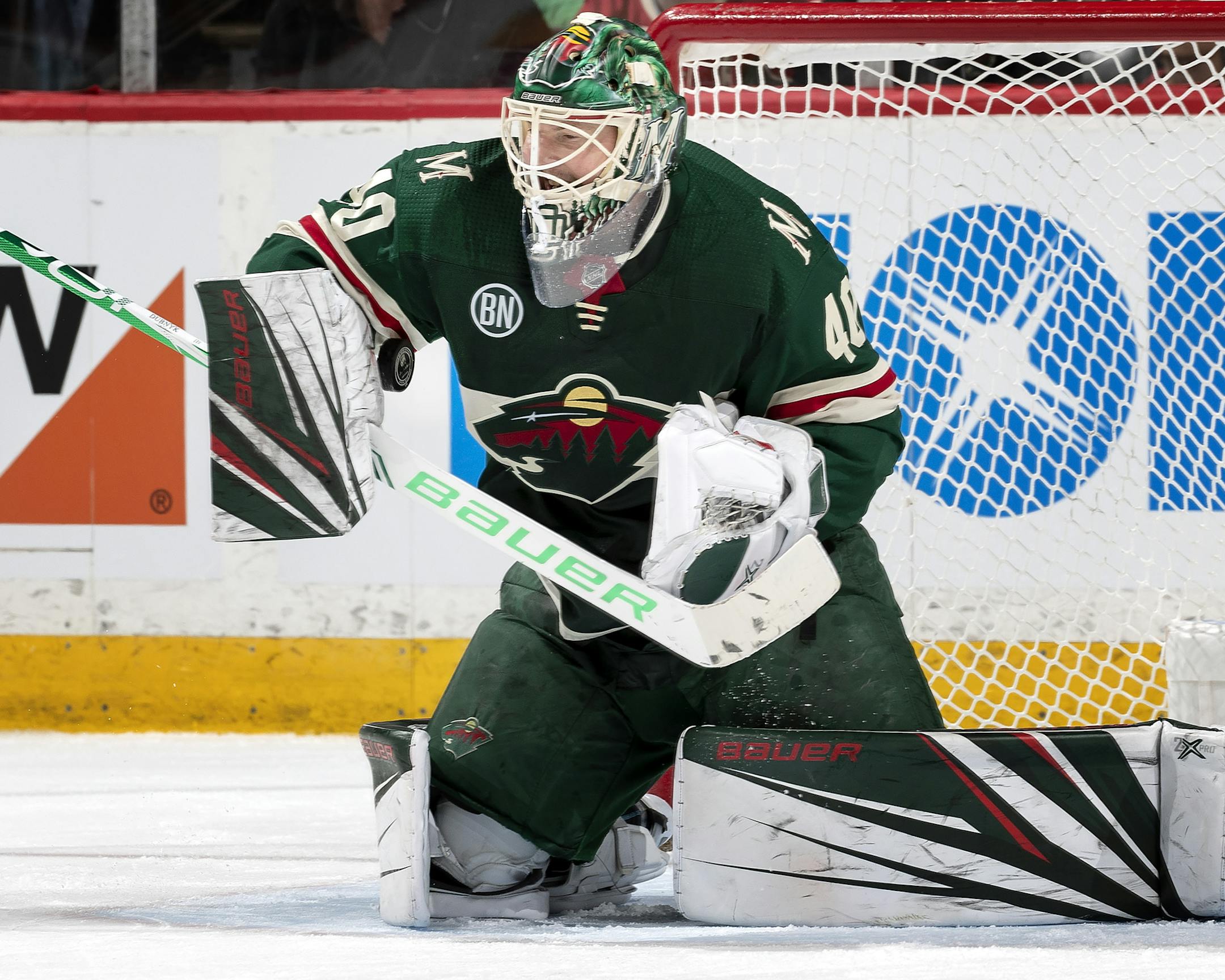 Wild goalie Devan Dubnyk made a save in the second period. ] CARLOS GONZALEZ &#x2022; cgonzalez@startribune.com &#x2013; St. Paul, MN &#x2013; March 25, 2019, Xcel Energy Center, NHL, Hockey, Minnesota Wild vs. Nashville Predators