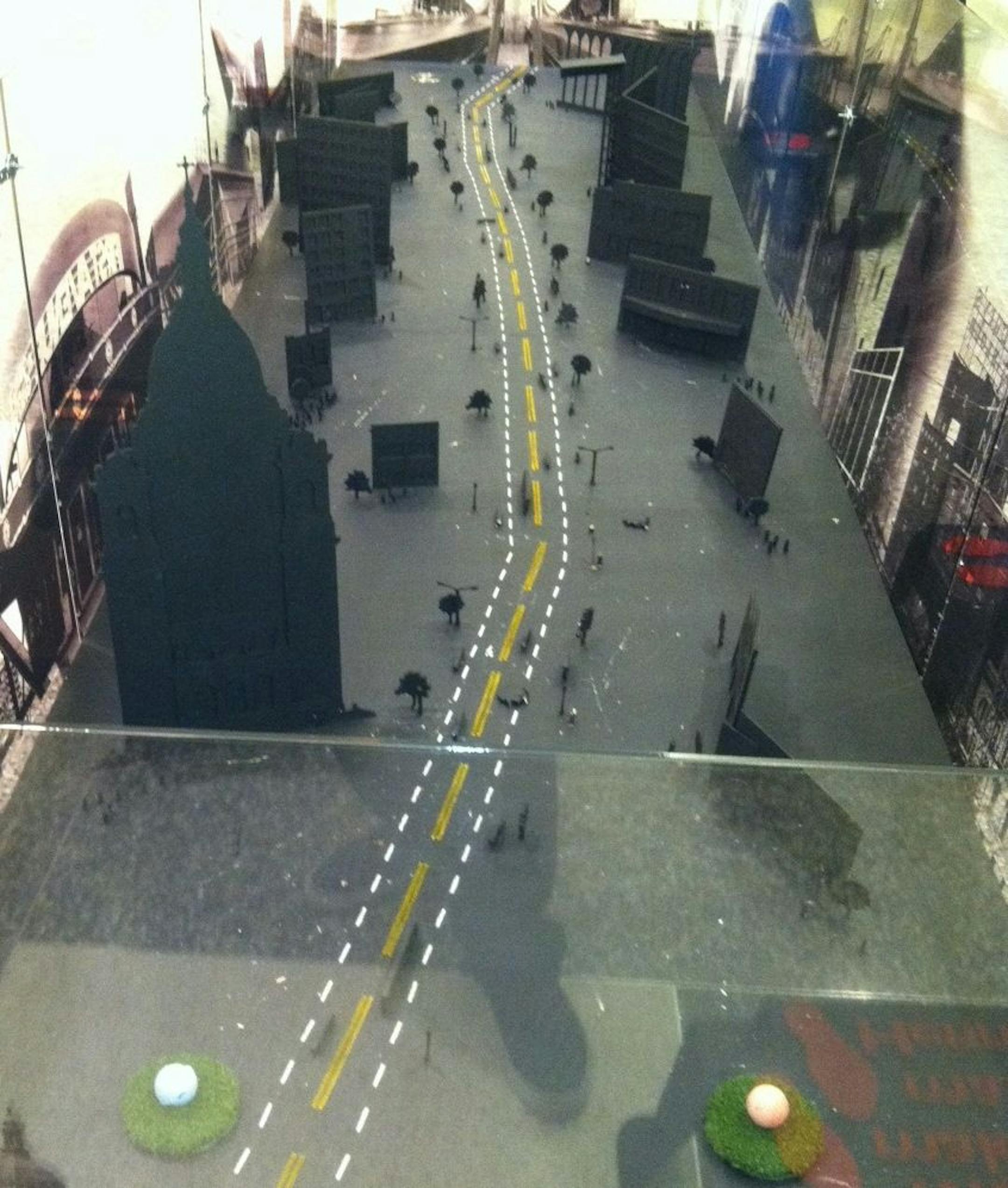 Credit: Michael RandCaption: The U.S. Bank Skyway Open's No. 5 hole, on which the "ball" is actually a piece of chalk