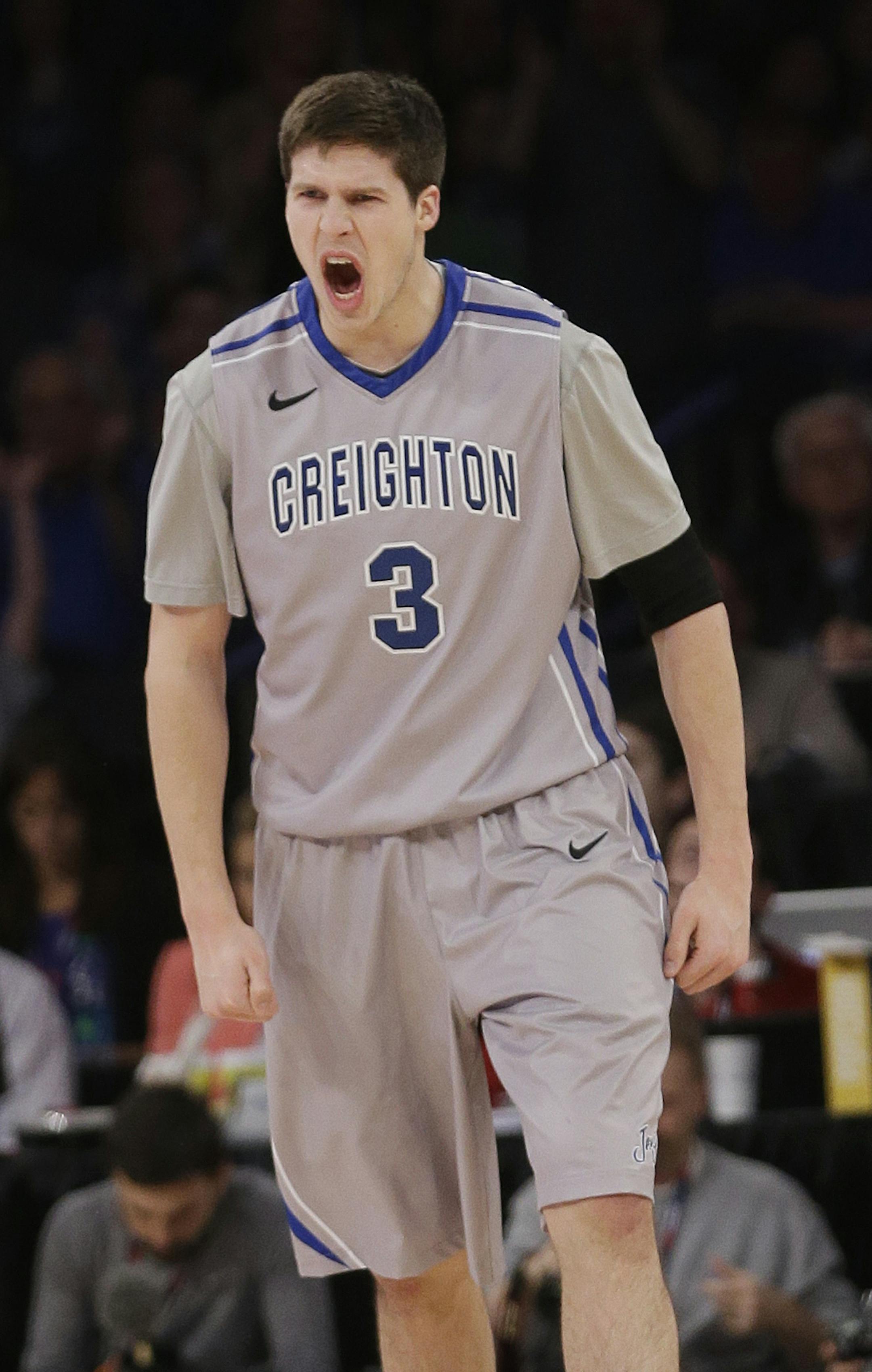 Creighton's Doug McDermott (3) reacts after scoring during the first half of an NCAA college basketball game in the finals of the Big East Conference tournament Saturday, March 15, 2014, at Madison Square Garden in New York. (AP Photo/Frank Franklin II)