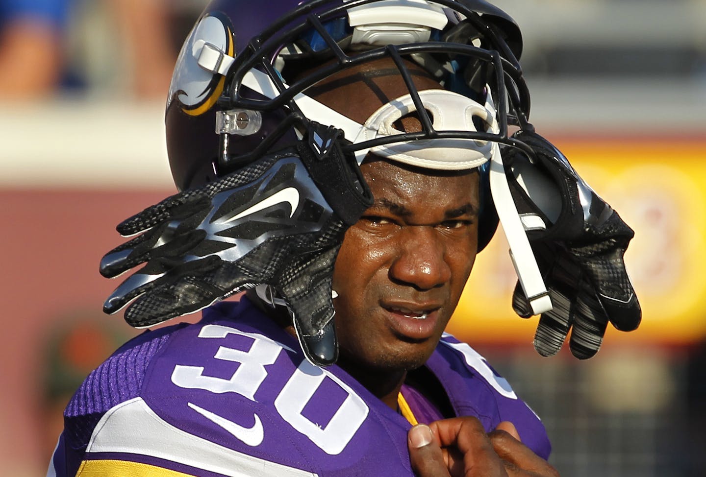 FILE - In this Aug. 15, 2015, file photo, Minnesota Vikings defensive back Terence Newman (30) watches during an preseason NFL football game against the Tampa Bay Buccaneers at TCF Bank Stadium in Minneapolis. Terrence Newman followed Mike Zimmer to Minnesota, and the 37-year-old cornerback has validated the faith his coach has shown in him. He was named NFC defensive player of the week for his two-interception game against Oakland.(AP Photo/Ann Heisenfelt, File) ORG XMIT: MIN2015112419255843