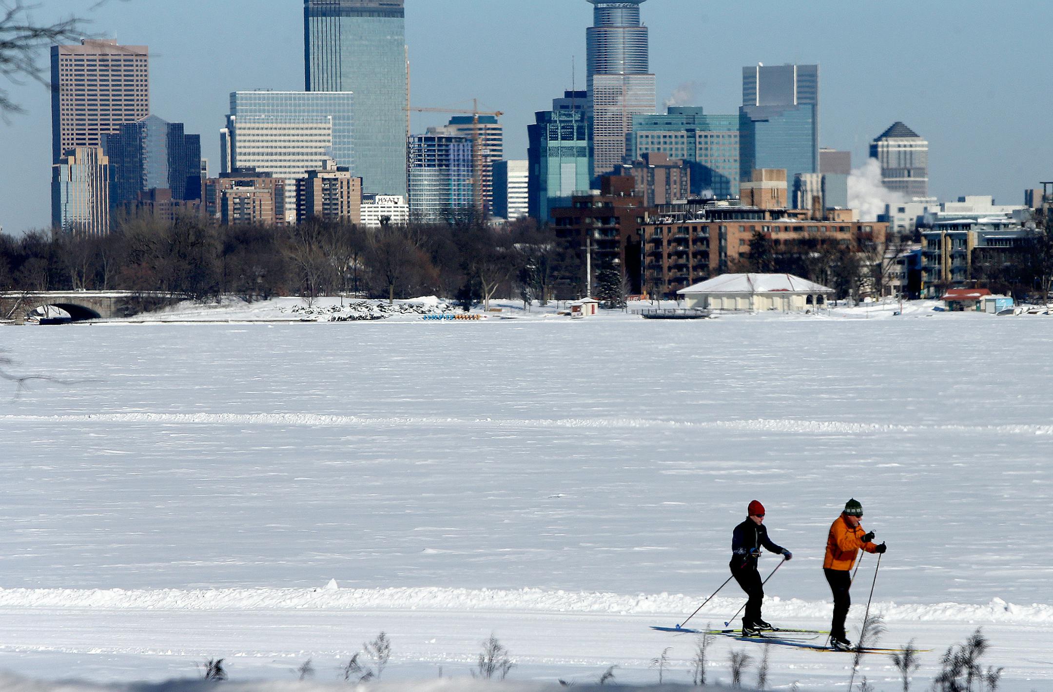 Cross-country skiers tested the groomed paths on Lake Calhoun before the annual City of Lakes Loppet Festival at Lake of the Isles and Lake Calhoun, Friday, January 31, 2014 in Minneapolis, MN. The cross-country skiing event begins Saturday, February 1, 2014. (ELIZABETH FLORES/STAR TRIBUNE) ELIZABETH FLORES • eflores@startribune.com
