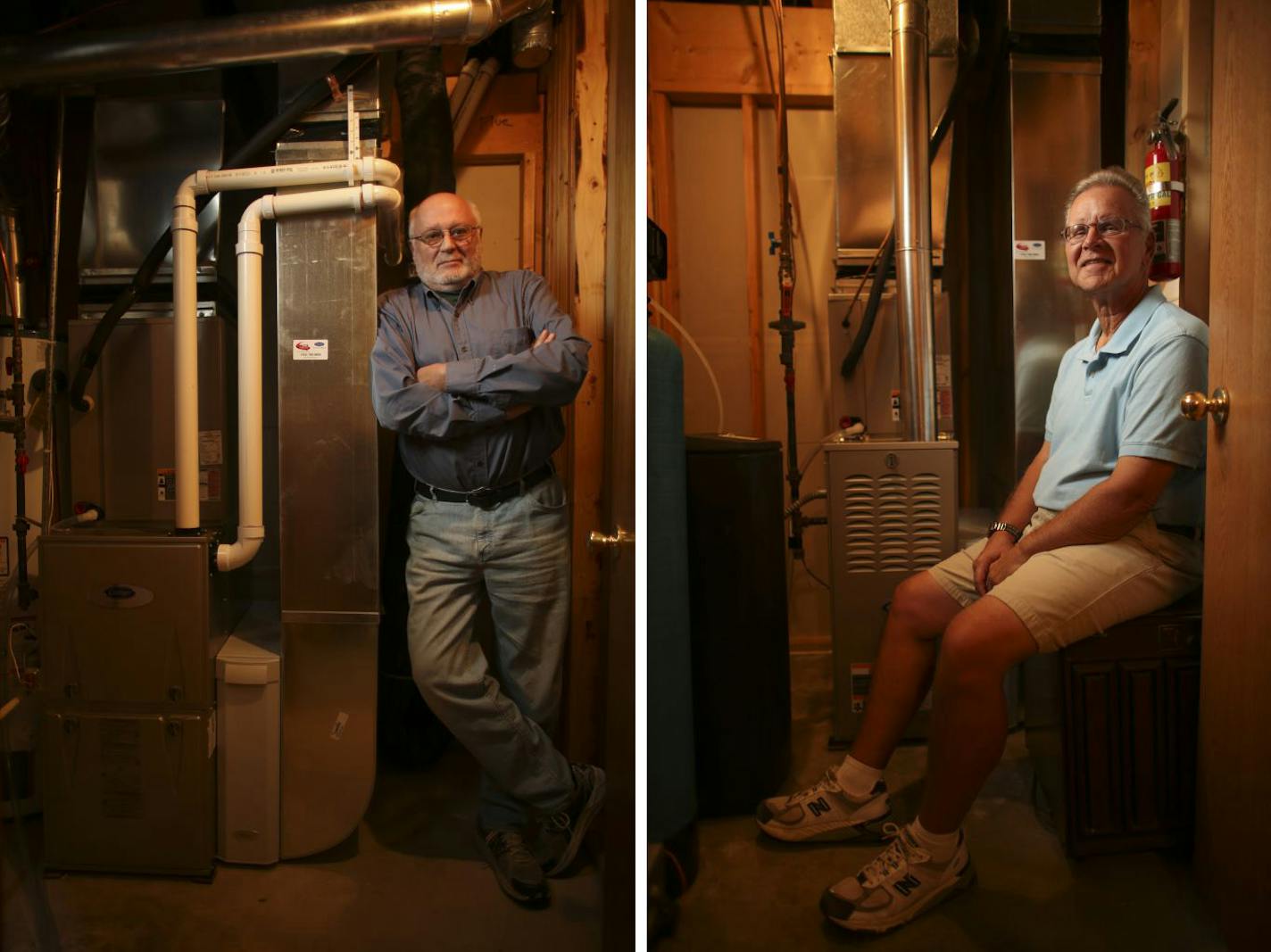 Coon Rapids townhouse neighbors Allan Hoffman, left, and Phil Kowitz took different approaches when they decided to replace their aging furnaces this year. Kowitz bought a system that meets current standards; Hoffman bought a higher-efficiency model that will meet Department of Energy standards that take effect next May 1. An indication of the newer style of furnace is the pair of PVC pipes that bring fresh outside air directly into the furnace.