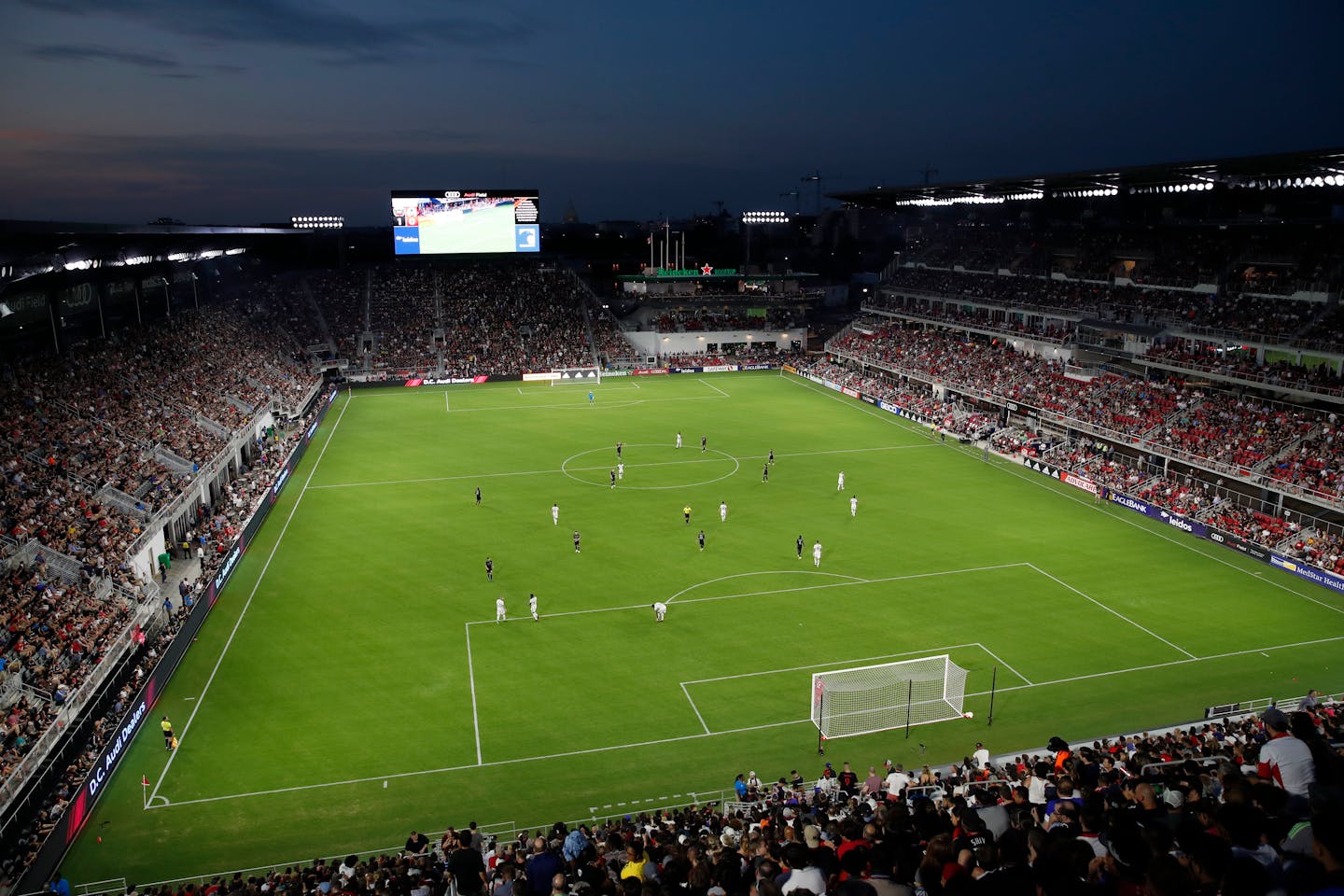 D.C. United and Vancouver Whitecaps play during the first half of an MLS soccer match, in this general view of Audi Field, Saturday, July 14, 2018, in Washington. (AP Photo/Alex Brandon)