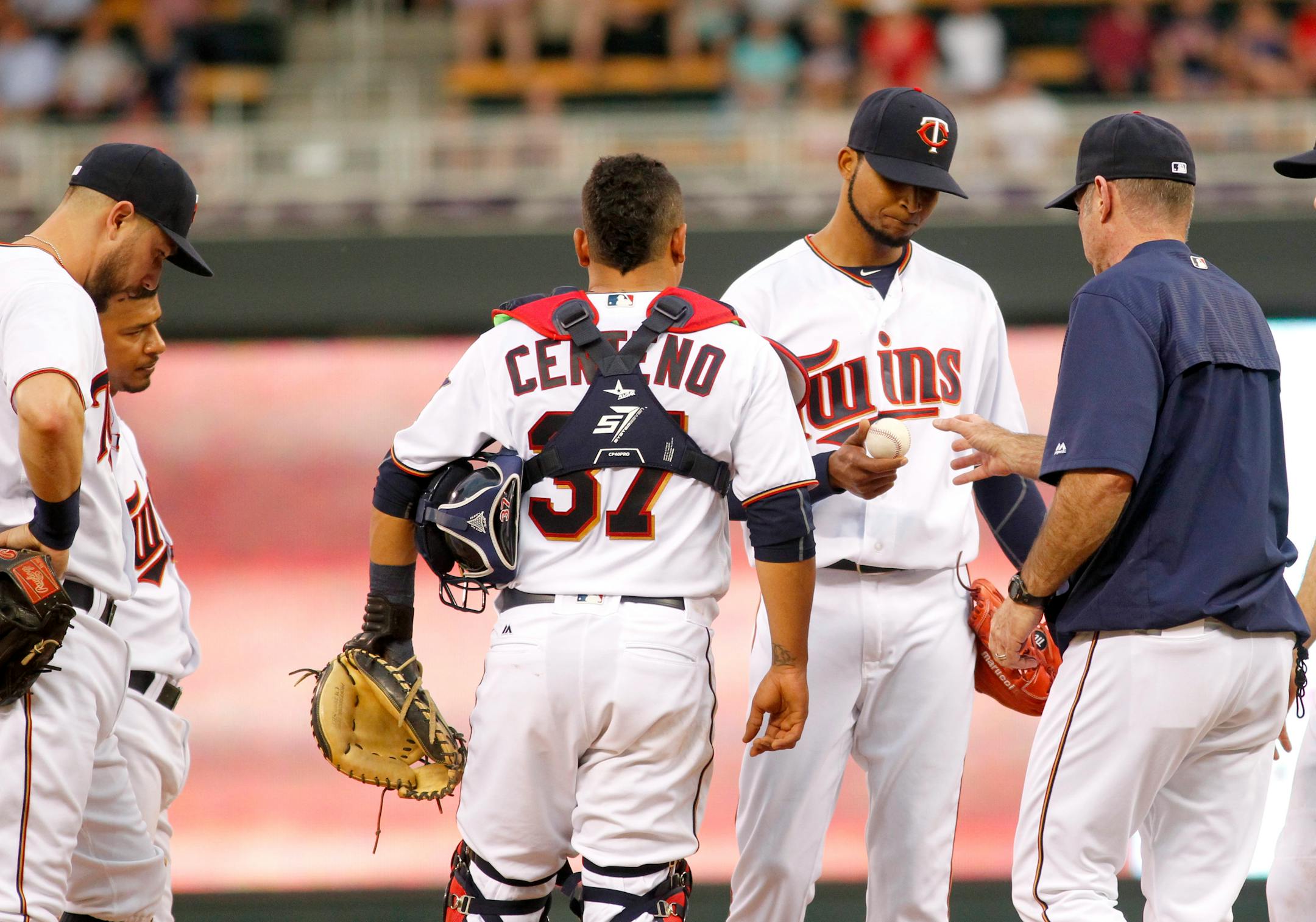 Minnesota Twins manager Paul Molitor takes the ball from Twins starting pitcher Ervin Santana in the fourth inning against the Kansas City Royals during a baseball game on Tuesday, May, 24, 2016 in Minneapolis. The Royals beat the Twins 7-4 .