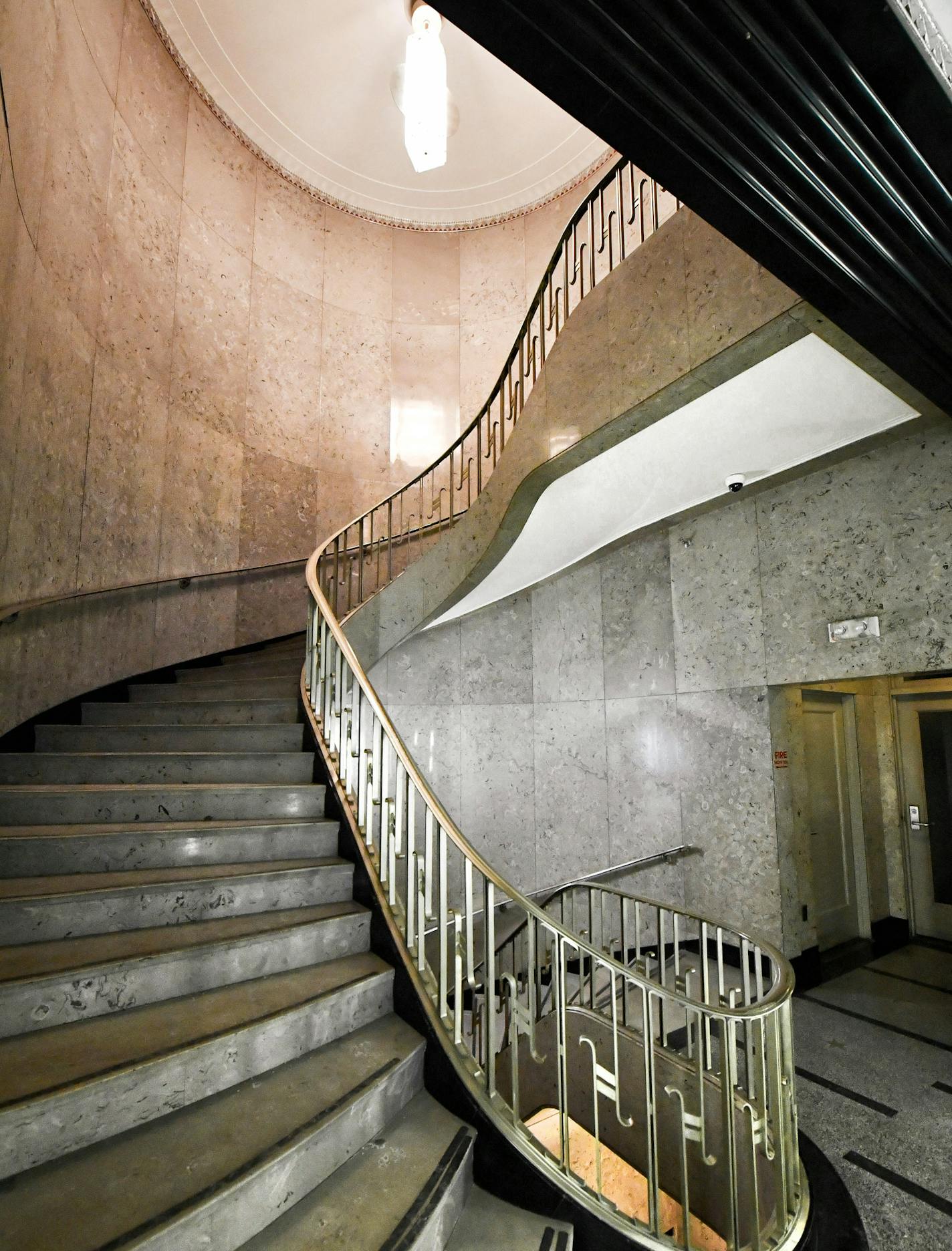 The lobby staircase of the Rand Tower in downtown Minneapolis. ] GLEN STUBBE &#x2022; glen.stubbe@startribune.com Thursday, February 22, 2018 The 26-story Rand Tower in downtown Minneapolis was completed in 1929. Much of the building is covered in Art Deco ornamentation with an aviation theme. The sculpture in the lobby is Wings by Oskar J. W. Hansen.