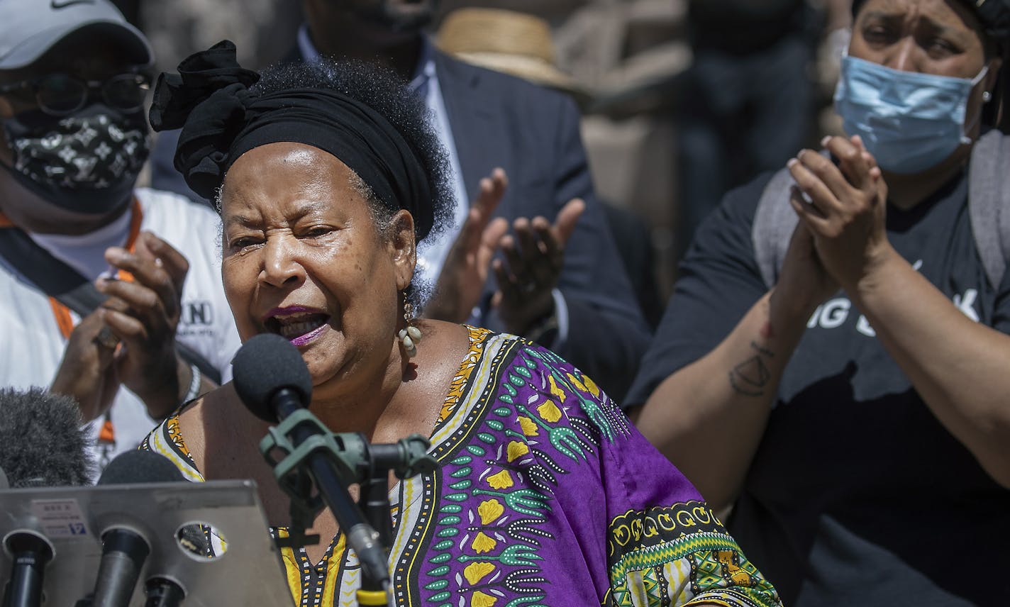 Rosemary Nevils-Williams, mother of slain activist Tyrone Williams, joined community leaders Thursday outside Minneapolis City Hall.