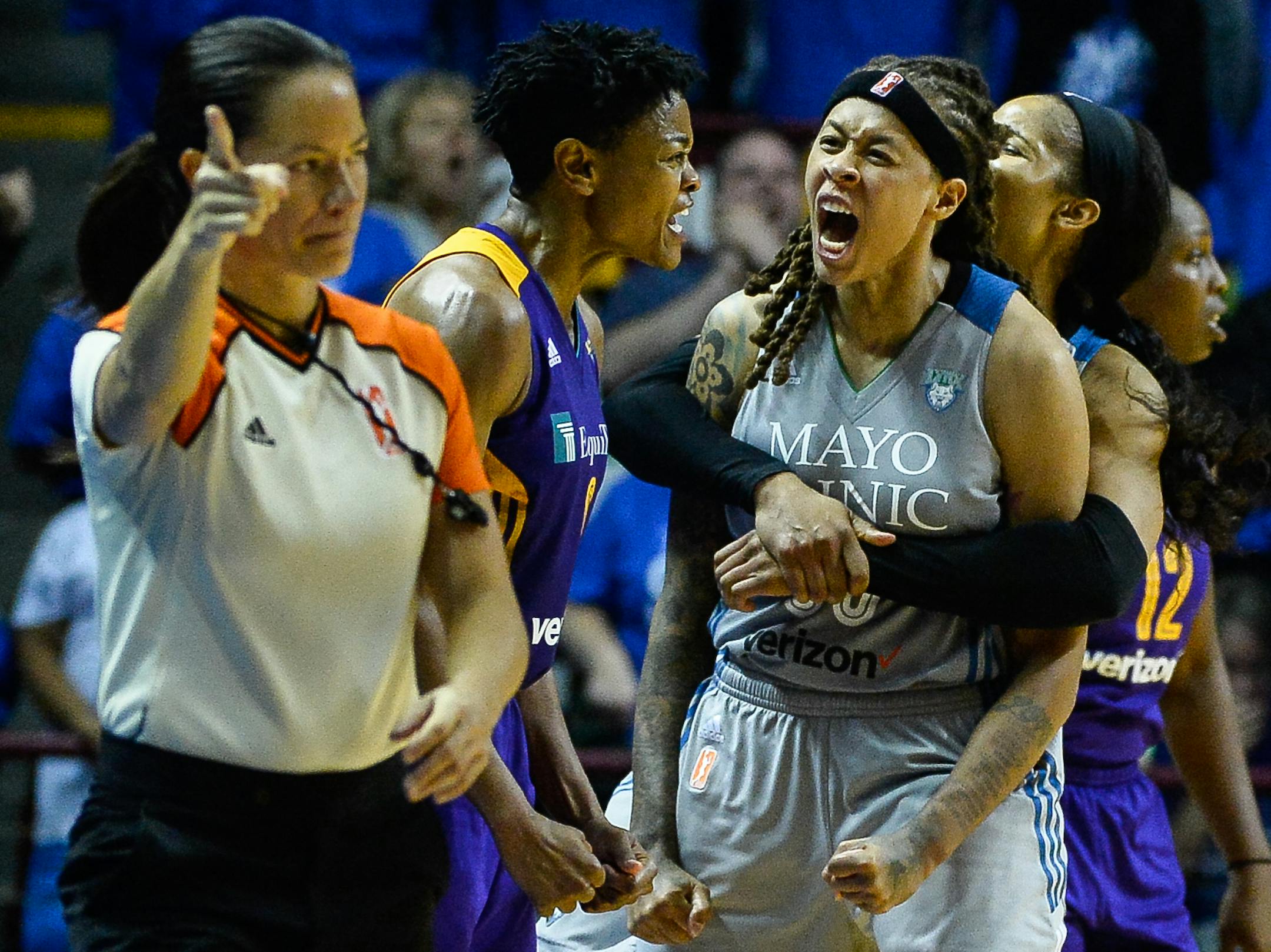 Minnesota Lynx forward Maya Moore (23) hugged guard Seimone Augustus (33) after Augustus forced a 5-second violation late in the fourth quarter against the Los Angeles Sparks. ] AARON LAVINSKY &#xef; aaron.lavinsky@startribune.com The Minnesota Lynx played the Los Angeles Sparks in game two of the WNBA Finals on Tuesday, Sept. 26, 2017 at Williams Arena in Minneapolis, Minn.
