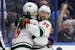 The Wild's Mats Zuccarello, right, celebrated with Jason Zucker after scoring the go-ahead goal in the third period of Minnesota's 5-4 victory over Ta