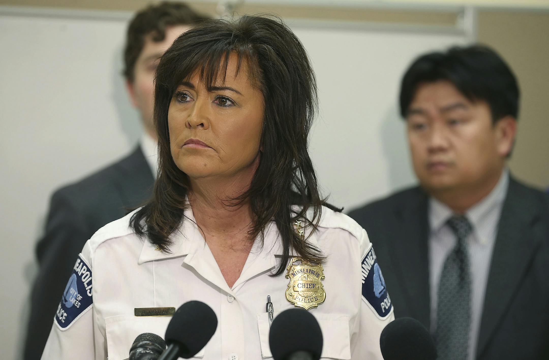 FILE - In this March 30, 2016, file photo, Minneapolis Police Chief Janee Harteau speaks at a news conference, in Minneapolis. In an interview aired Wednesday, Aug. 9, 2017, the former police chief said that she did everything she could to rush home from a hiking trip in Colorado last month after one of her officers killed an Australian woman who had called 911 to report a possible sexual assault. It was her first interview since her resignation. (Elizabeth Flores /Star Tribune via AP, File)