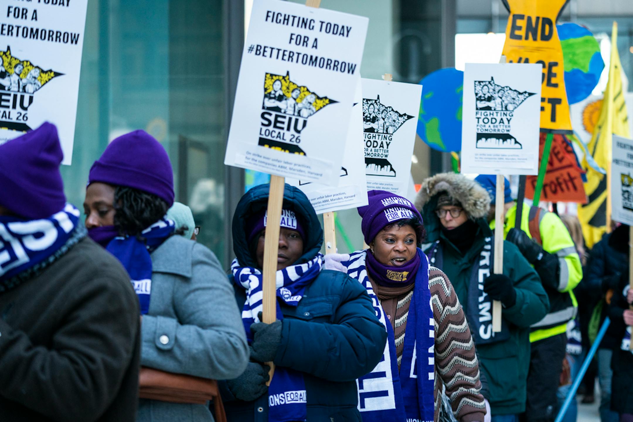 Commercial janitors represented by SEIU Local 26 began a 24-hour strike with a picket line and rally with supporters at Nicollet Avenue and 8th Street in downtown Minneapolis last week.