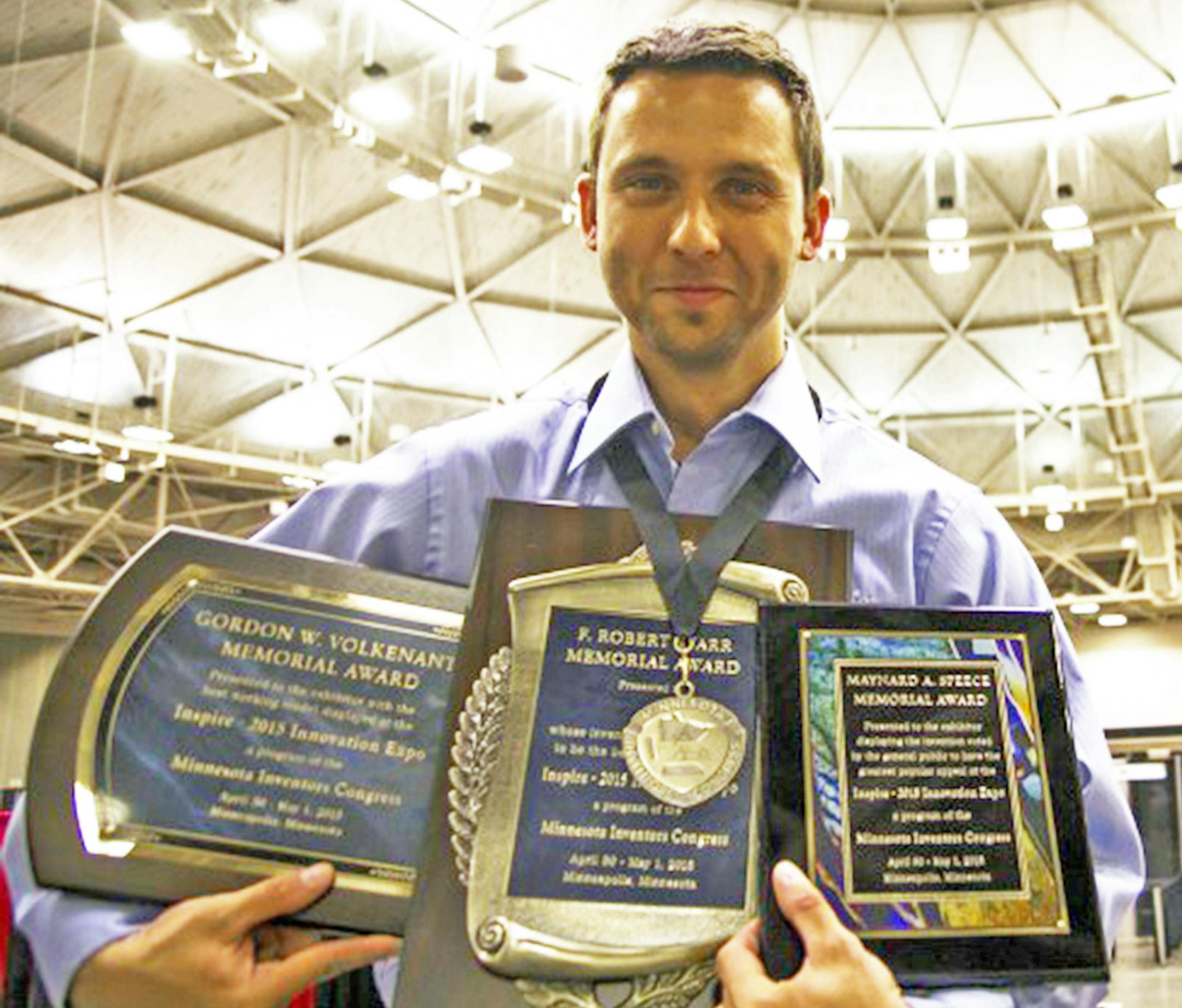 Jeremy Little swept the awards at the 2015 Minnesota inventors' expo with a father-son collaboration on a pontoon boat that travels the road on its own retractable trailer, then unfolds on the water to an uncommonly wide width. His Unique Pontoons company will debut at the Minneapolis Boat Show, Thursday through Sunday.