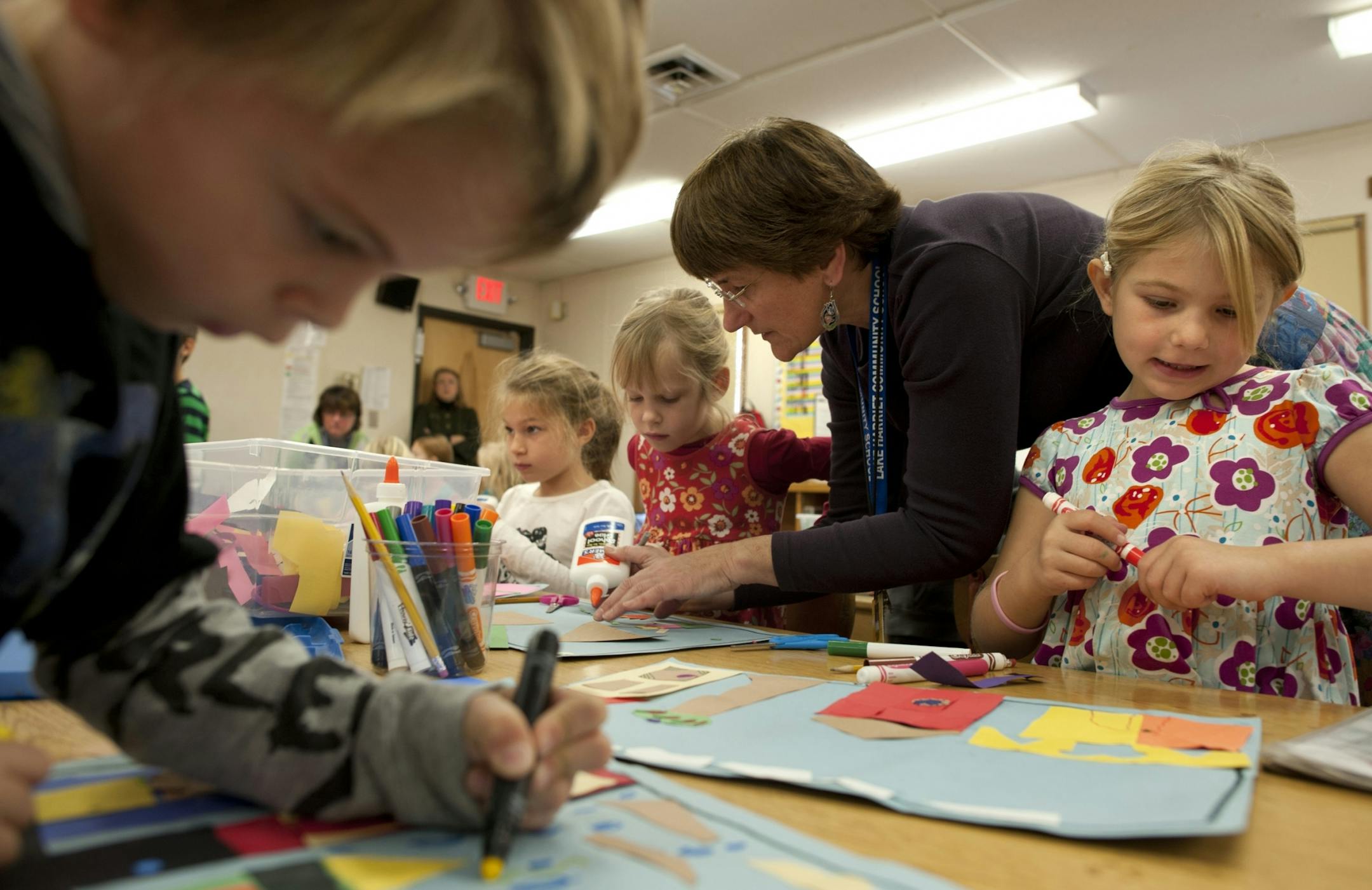 Renee Beer, art teacher at Lake Harriet School Lower Campus worked with a class of first graders in a portable classroomTuesday, October 18, 2011. The Minneapolis school's enrollment is maxed out and will be receiving a multimilion dollar addition.