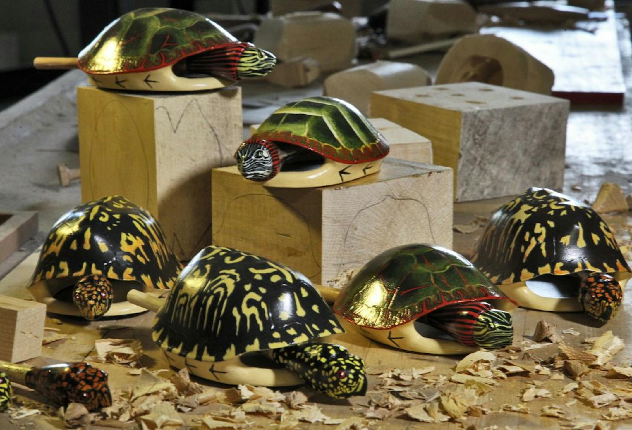 The exteriors of Stortz' turkey calls are painted to match the various varieties of turtles.