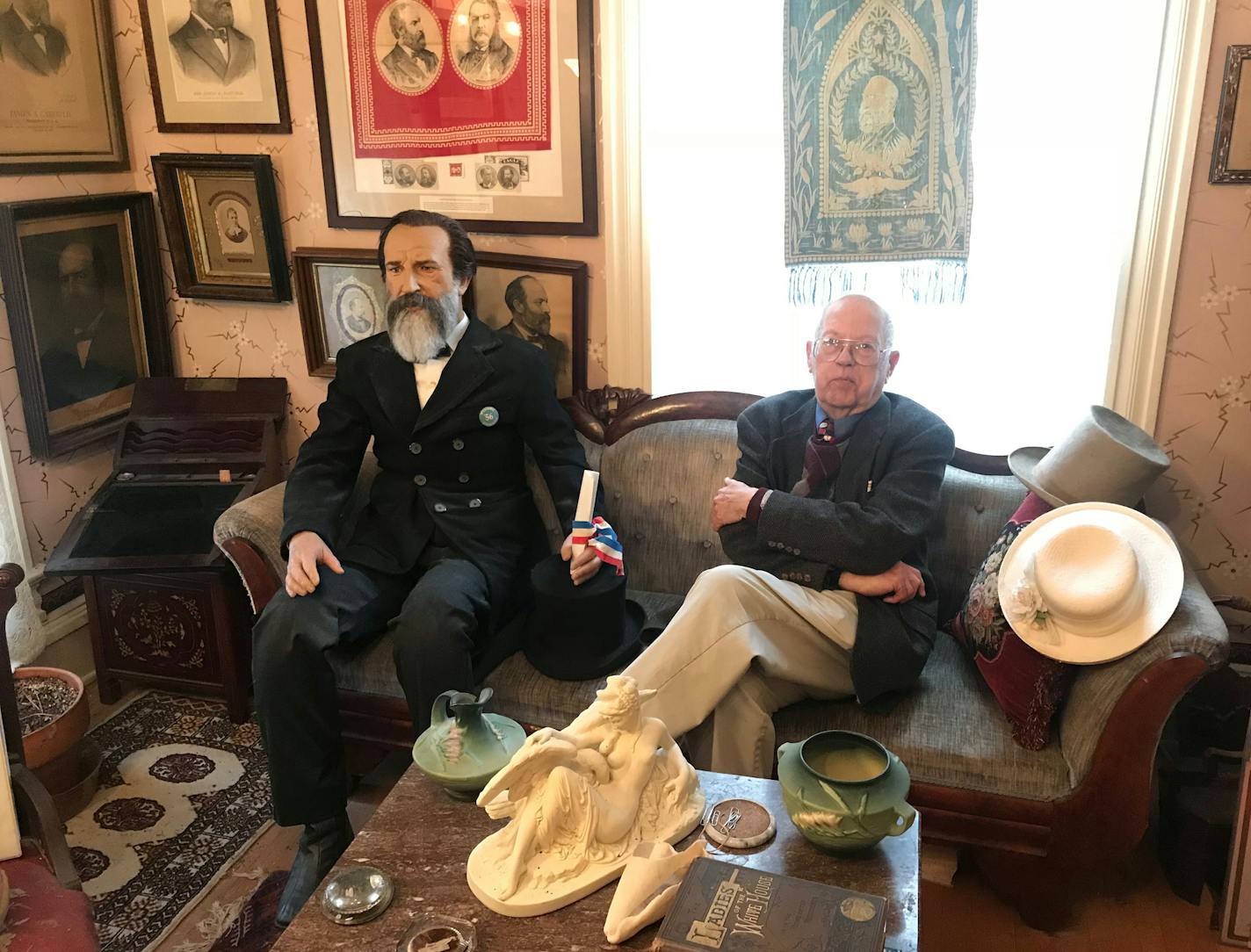 A replica of James A. Garfield, 20th president of the U.S. who was assassinated by Charles J. Guiteau, with Dr. Seth C. Hawkins, owner of the Julian H. Sleeper House. (Alicia Eler/Star Tribune) ORG XMIT: MIN1904241256590056