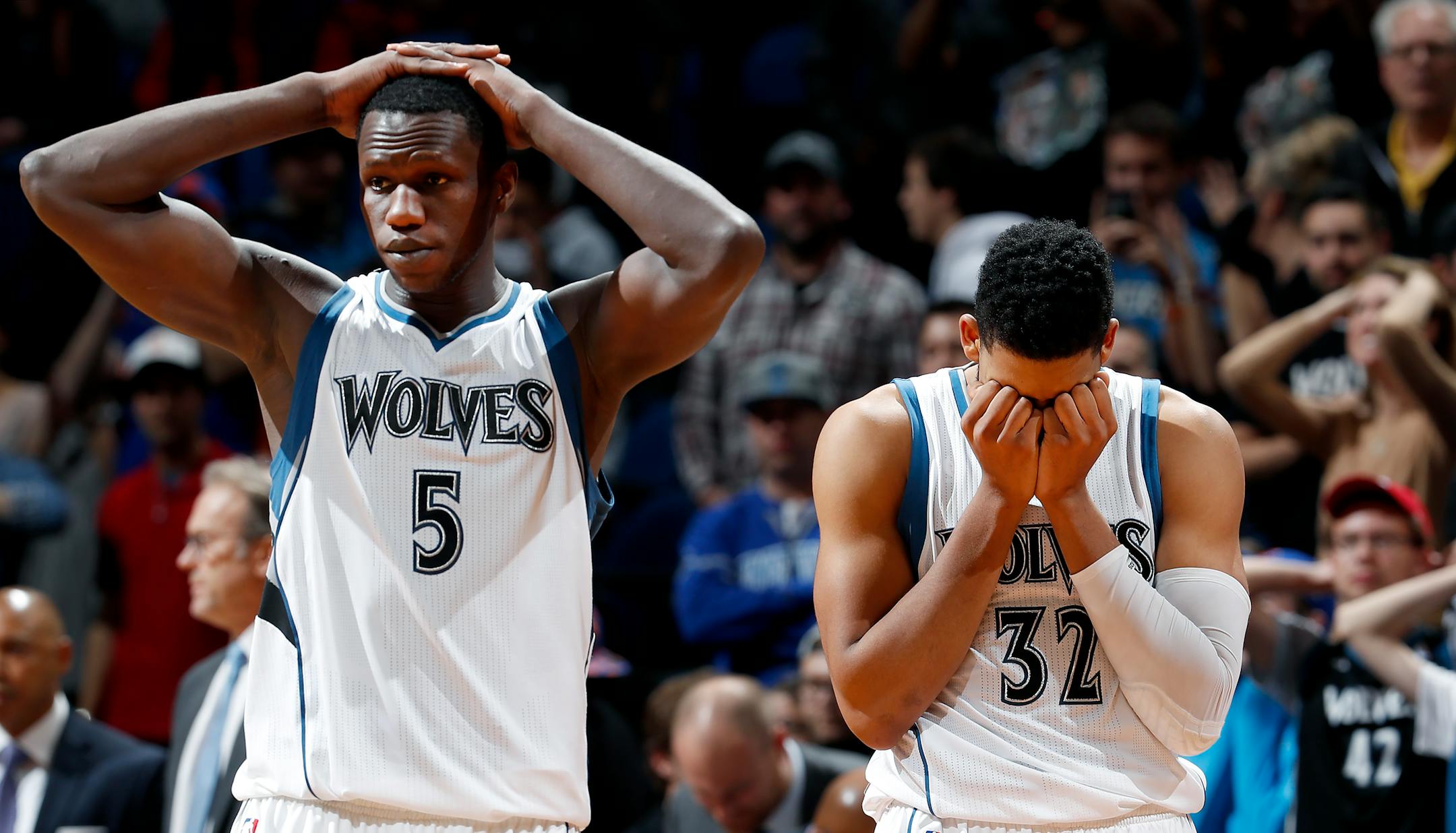 Gorgui Dieng (5) and Karl-Anthony Towns (32) reacted at the end of the game. New York beat Minnesota by a final score of 106-104. ] CARLOS GONZALEZ cgonzalez@startribune.com - November 30, 2016, Minneapolis, MN, Target Center, NBA, Minnesota Timberwolves vs. New York Knicks