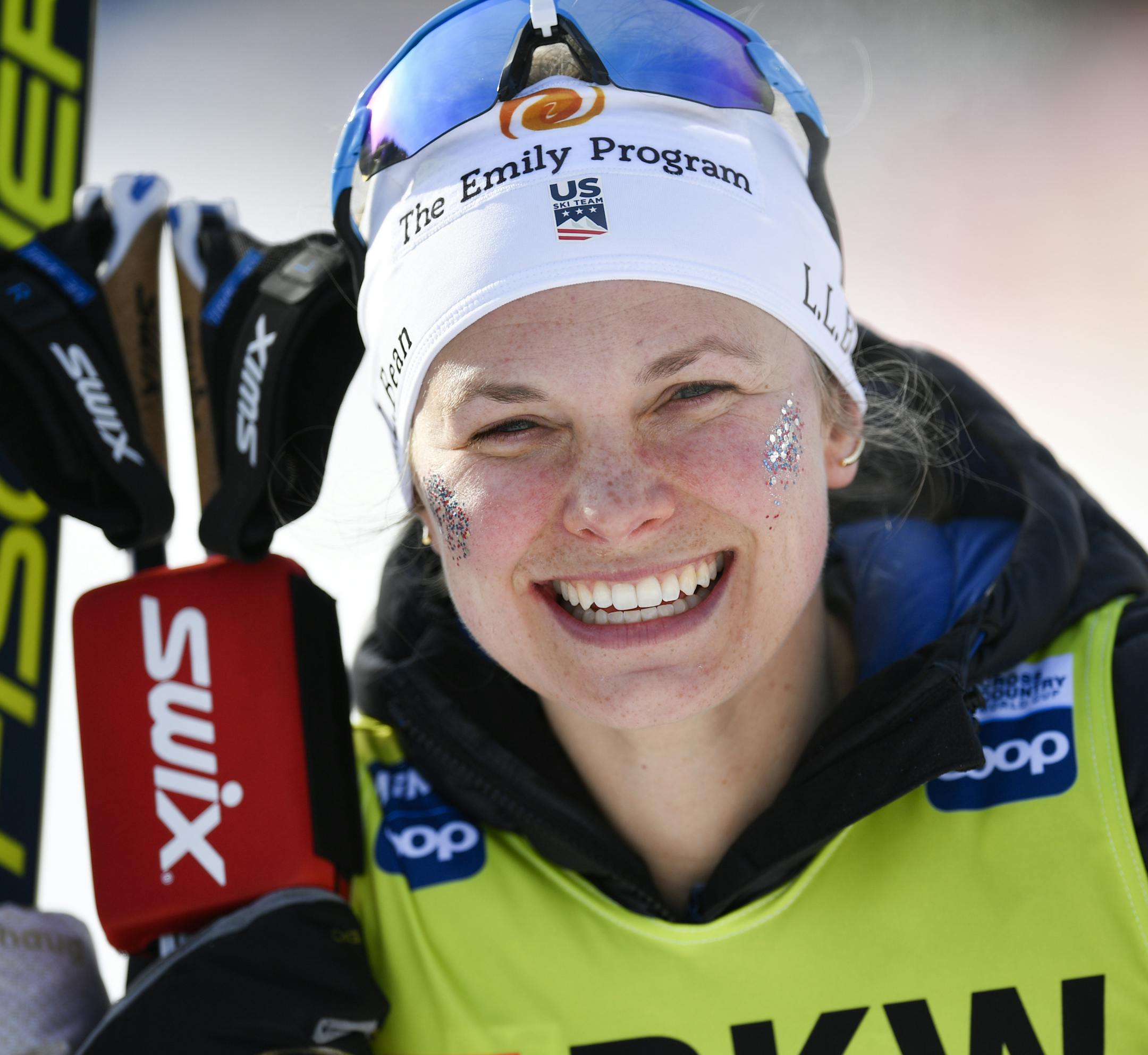 Jessica Diggins of the USA smiles after the women's 10km free style race at the Davos Nordic FIS Cross Country World Cup in Davos, Switzerland, Sunday, Dec. 15, 2019. (Gian Ehrenzeller/Keystone via AP)
