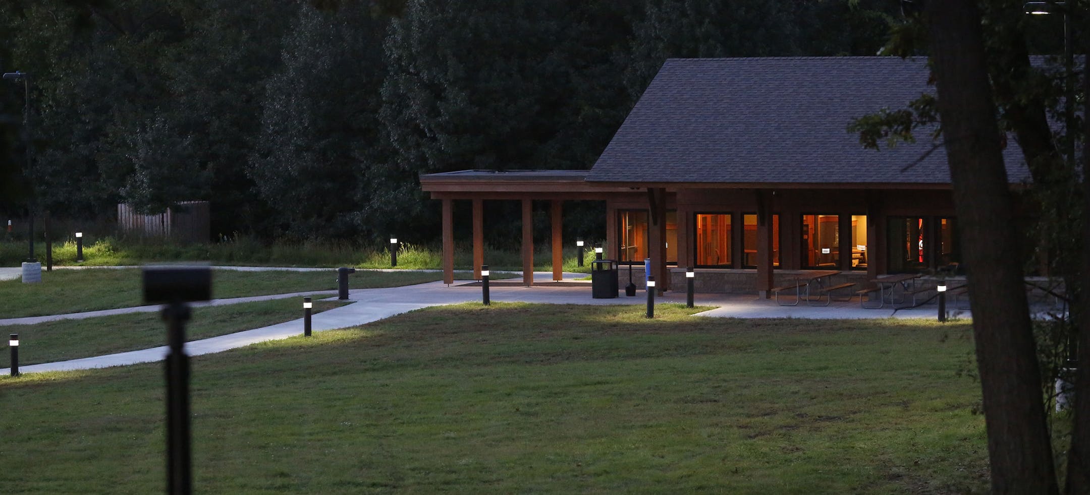 The shelter is surrounded by the lights which is a part of the 5 miles of trails with solar luminaries for moonlight hiking. The park with stay open until 9:30pm. ] (KYNDELL HARKNESS/STAR TRIBUNE) kyndell.harkness@startribune.com At the Lake Elmo Park Preserve in Lake Elmo Min., Thursday, September 12, 2014.