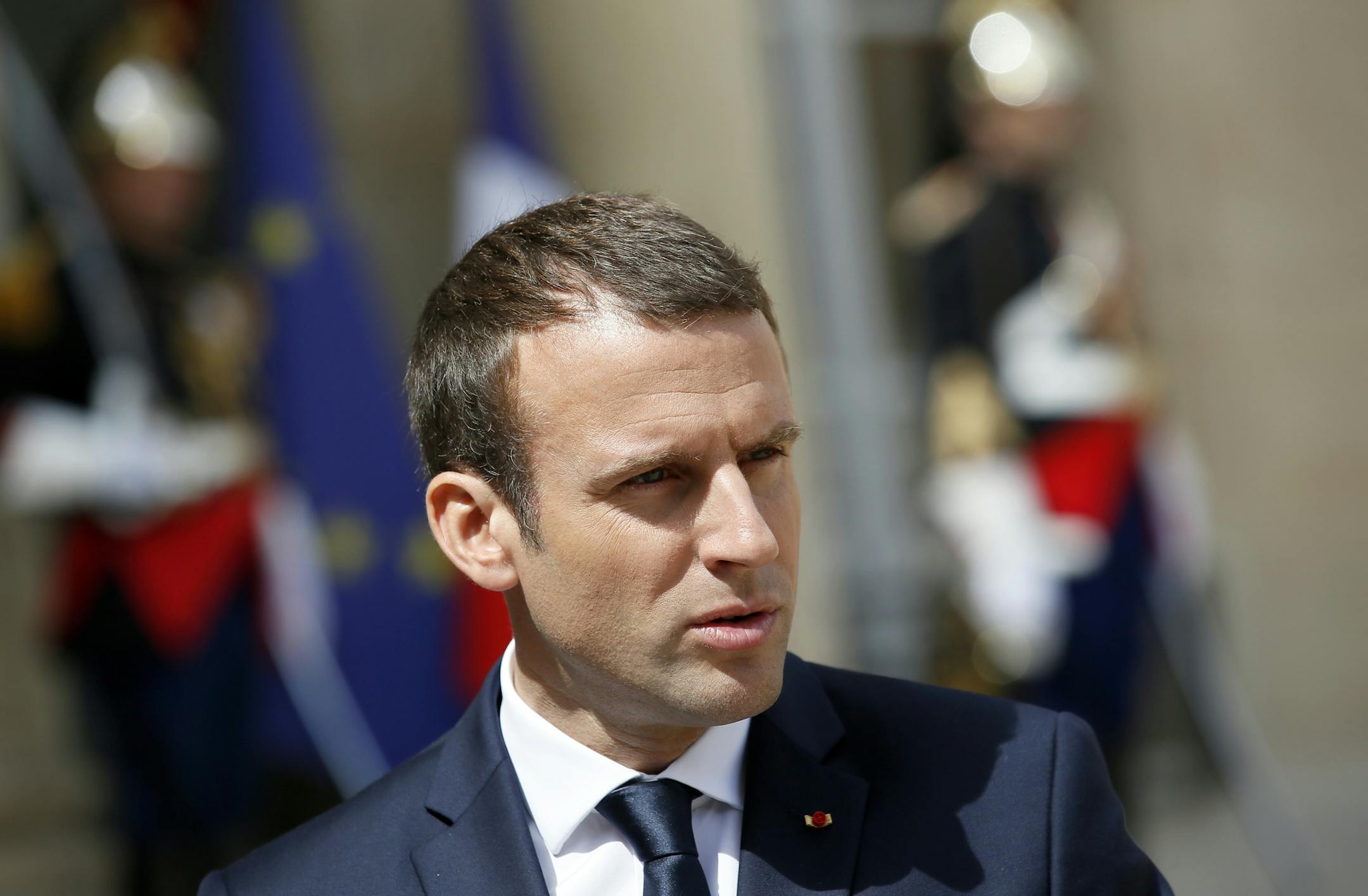 French President Emmanuel Macron attends a joint press conference with Dutch Prime Minister Mark Rutte after their meeting at the Elysee Palace in Paris, France, Friday, June 16, 2017. French president Emmanuel Macron is holding a series of meetings with European leaders in Paris, as Brexit negotiations are due to start next week. (AP Photo/Francois Mori)