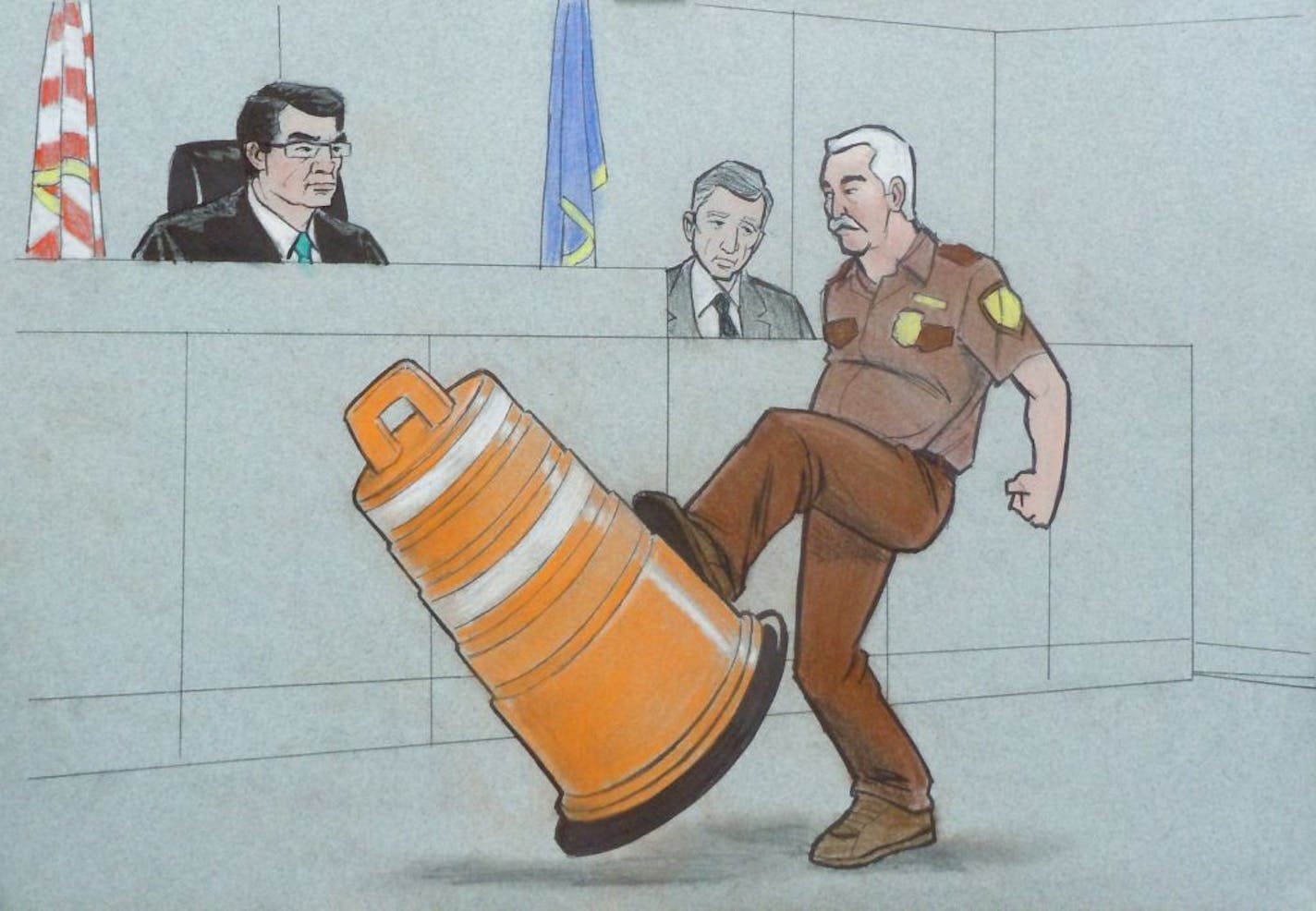 A sketch from the Amy Senser trial. An attorney asked a patrolman to kick over a construction barrel to demonstrate how light it is compared to a human being.