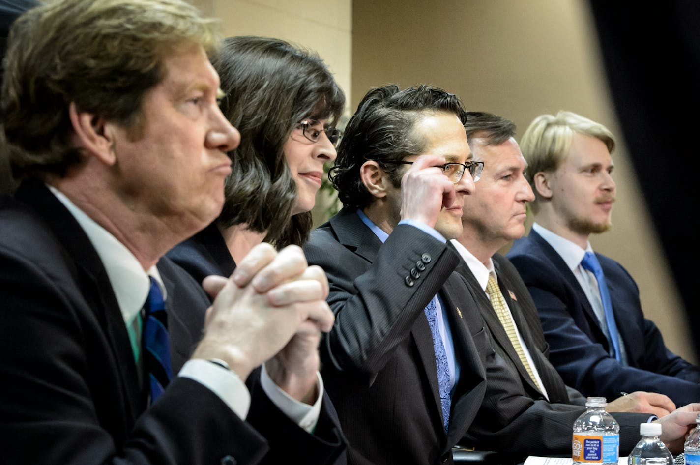 Jason Lewis, Pam Myhra, David Gerson, John Howe and David Benson-Stabler prepare for the start of the debate. ] GLEN STUBBE * gstubbe@startribune.com Thursday, November 19, 2015 GOP candidates at debate on CD2 race at the Gateway Christian Church, Inver Grove Heights.