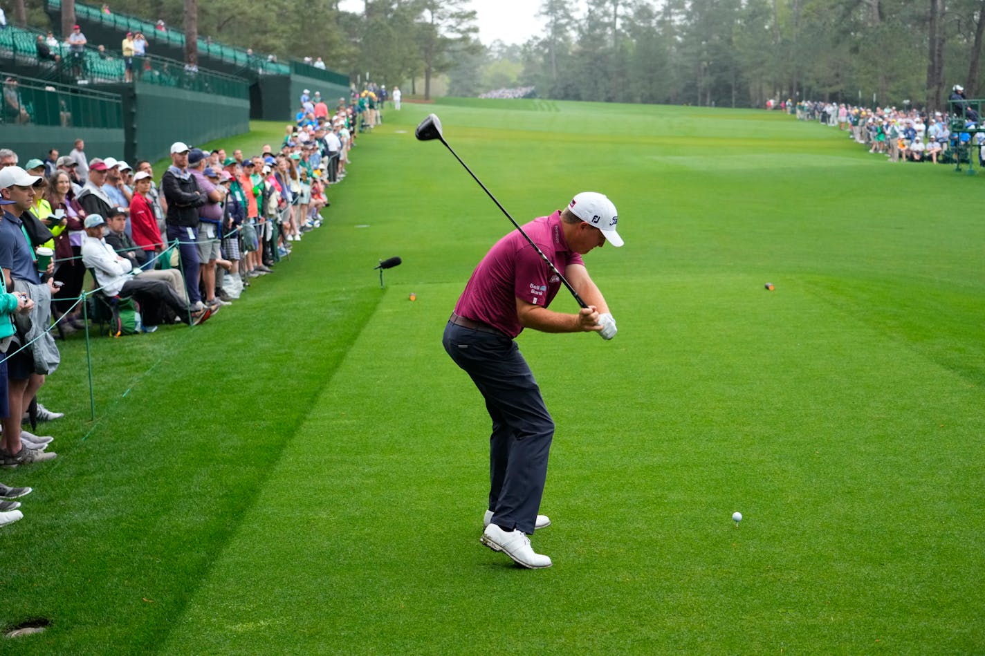 Tom Hoge tees off on the 14th hole during a practice round for the Masters golf tournament on Wednesday, April 6, 2022, in Augusta, Ga. (AP Photo/Charlie Riedel)