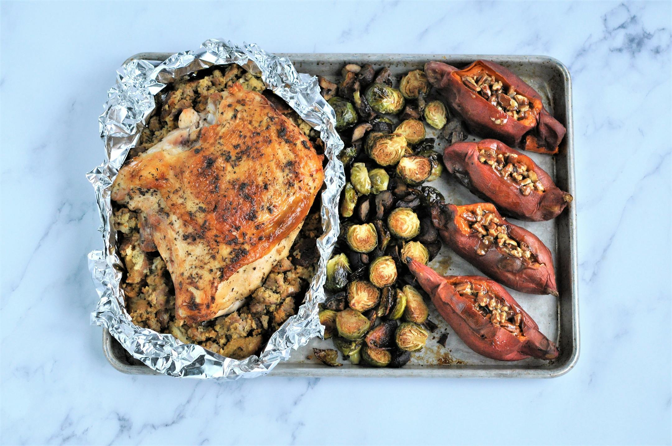 Image of Meredith Deeds' sheet pan Thanksgiving dinner, which is one way to limit menu items and cut costs for a table of two to four.