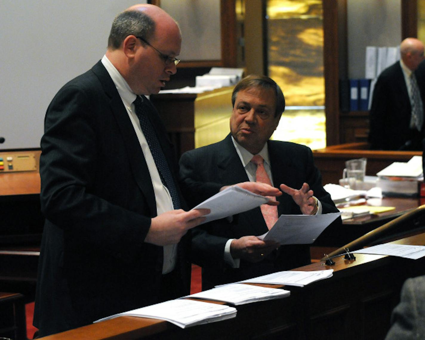 Mark Elias, attorney for Al Franken, and Joe Friedberg, attorney for Norm Coleman, talk about exhibits to be entered during the U.S. Senate election trial.